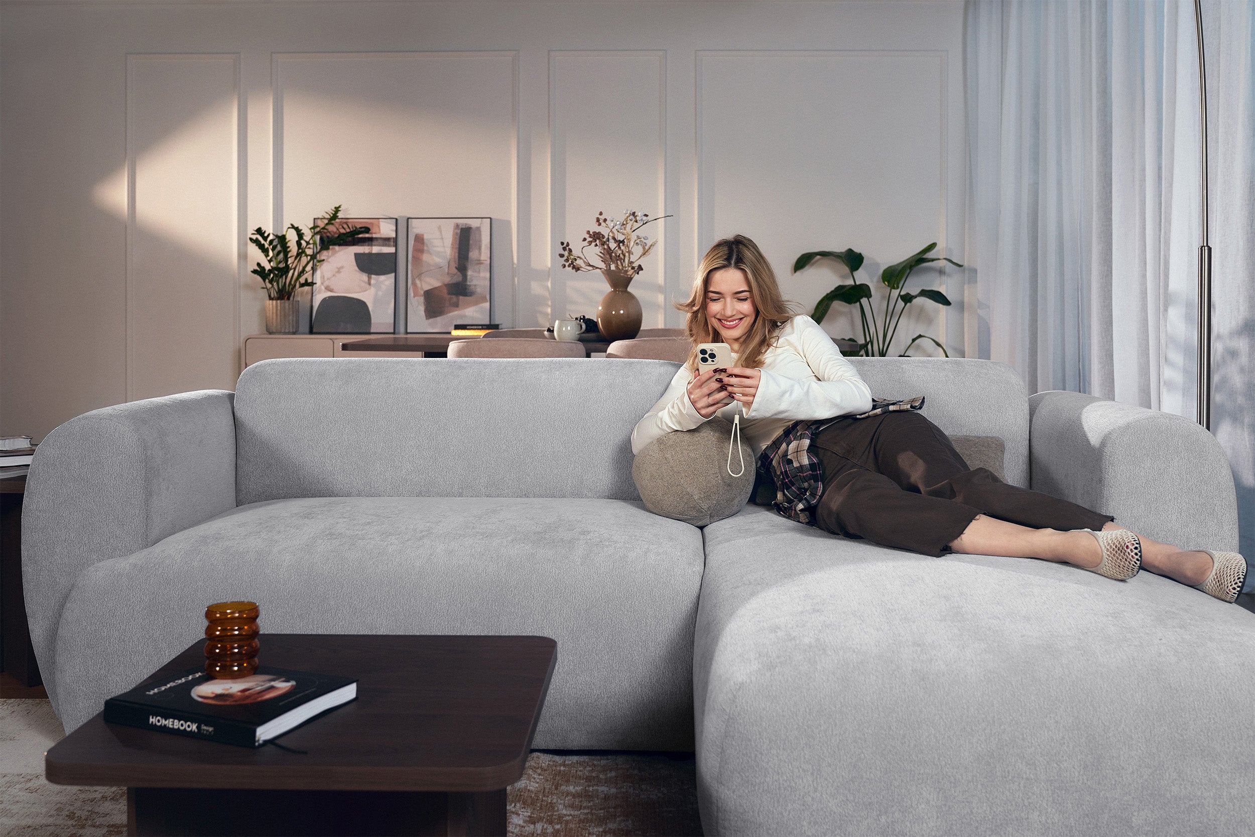 Ecksofa mit Schlaffunktion Emia, L-förmig, rechtsseitig, grau Chenille