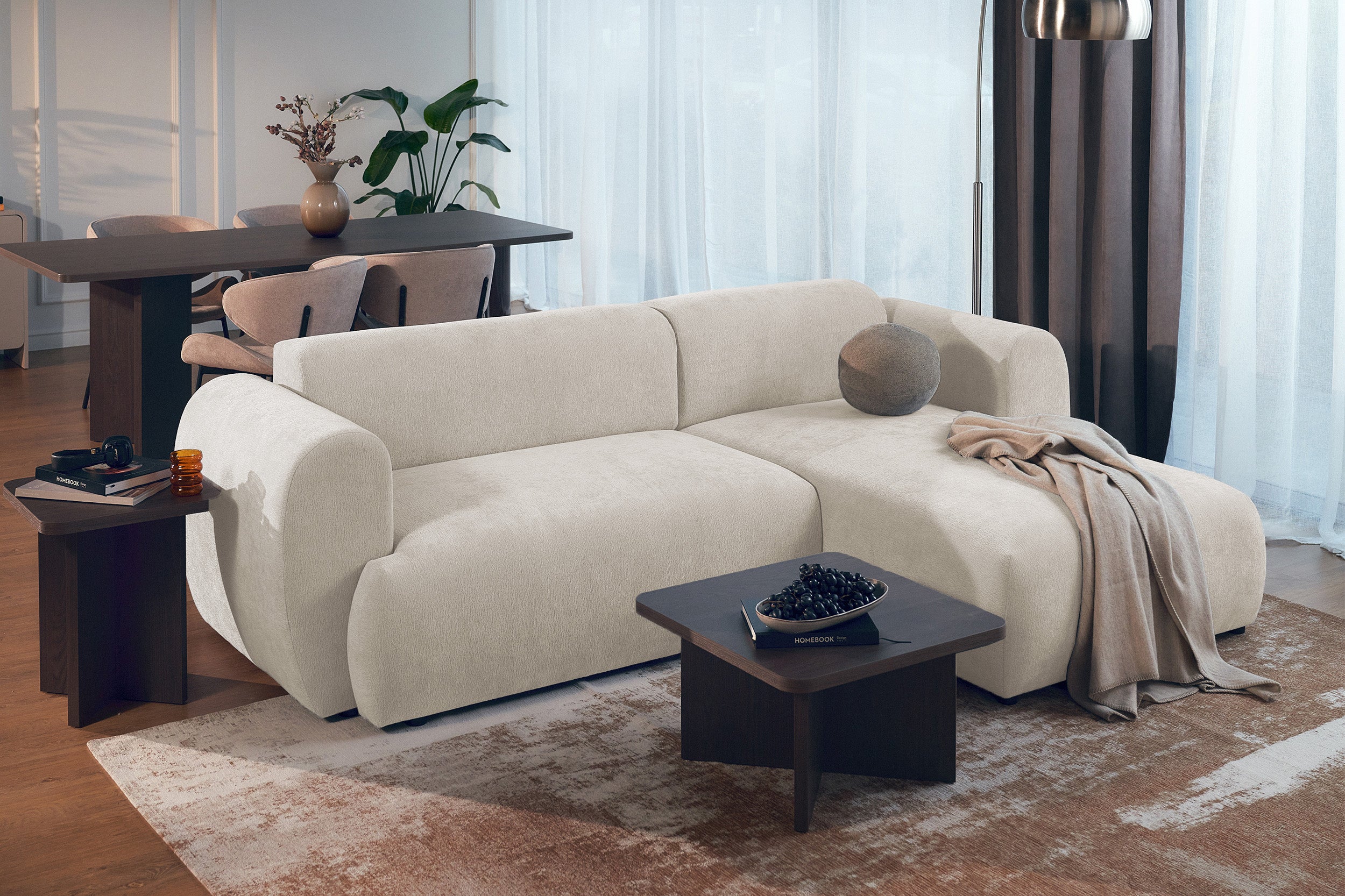 Ecksofa mit Schlaffunktion Emia, L-Form, rechtsseitig, beige Chenille