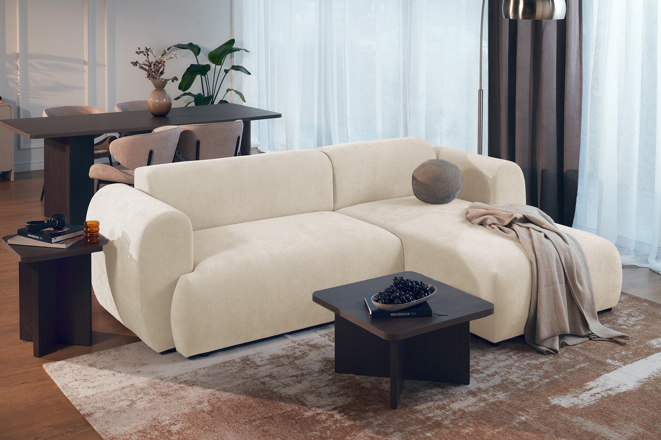 Ecksofa mit Schlaffunktion Emia, L-förmig, rechtsseitig, hellbeige Chenille