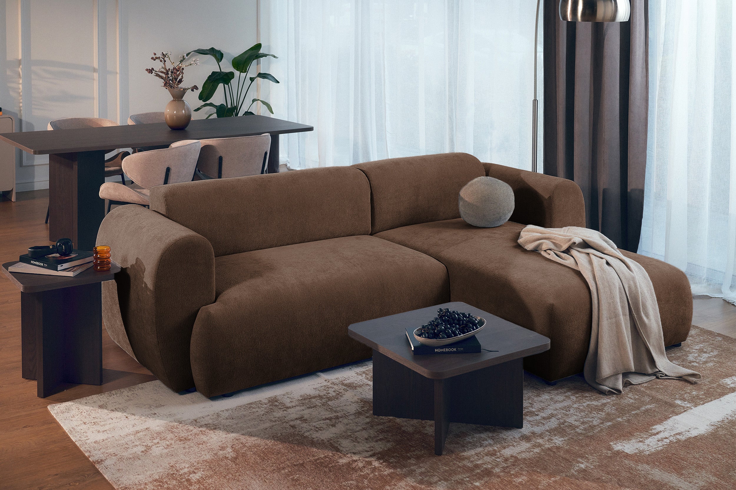 Ecksofa mit Schlaffunktion Emia, L-förmig, rechtsseitig, brauner Chenille-Bezug