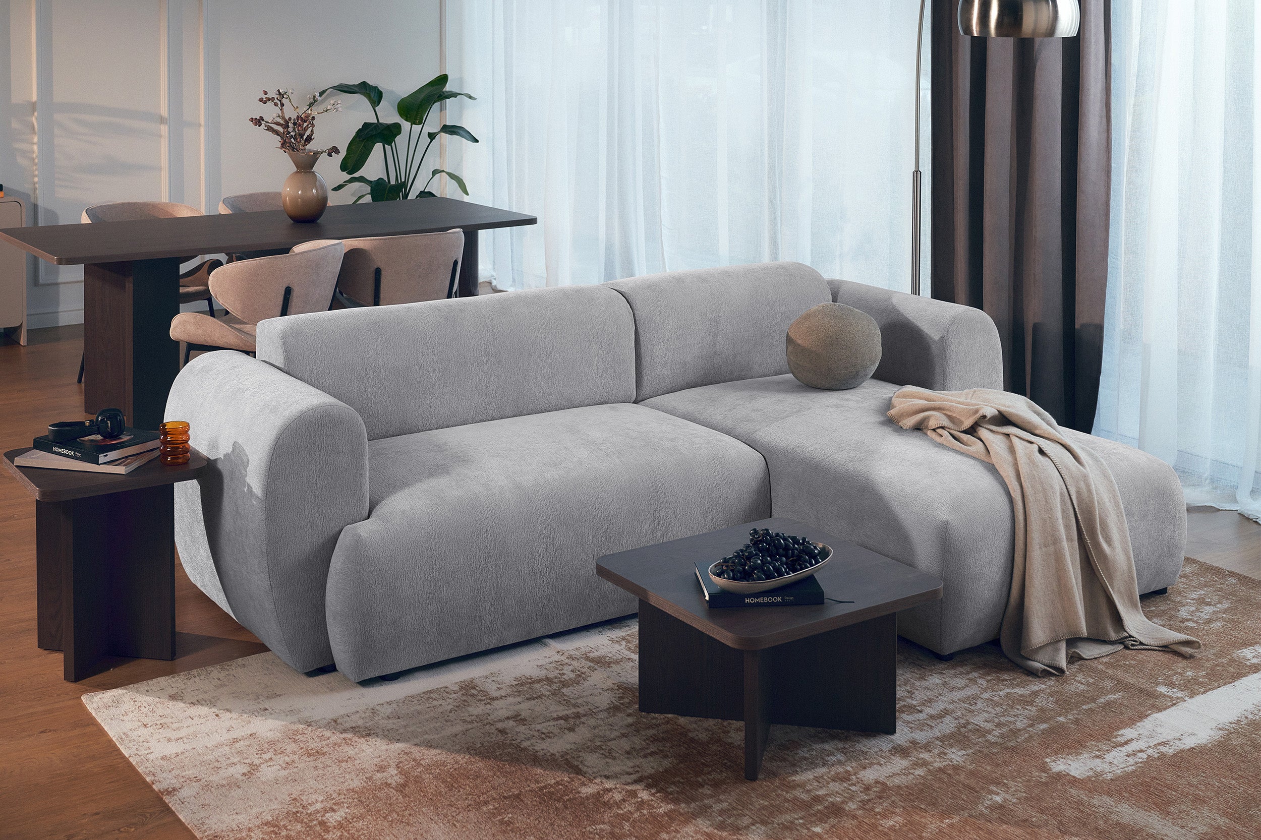 Ecksofa mit Schlaffunktion Emia, L-förmig, rechtsseitig, grau Chenille