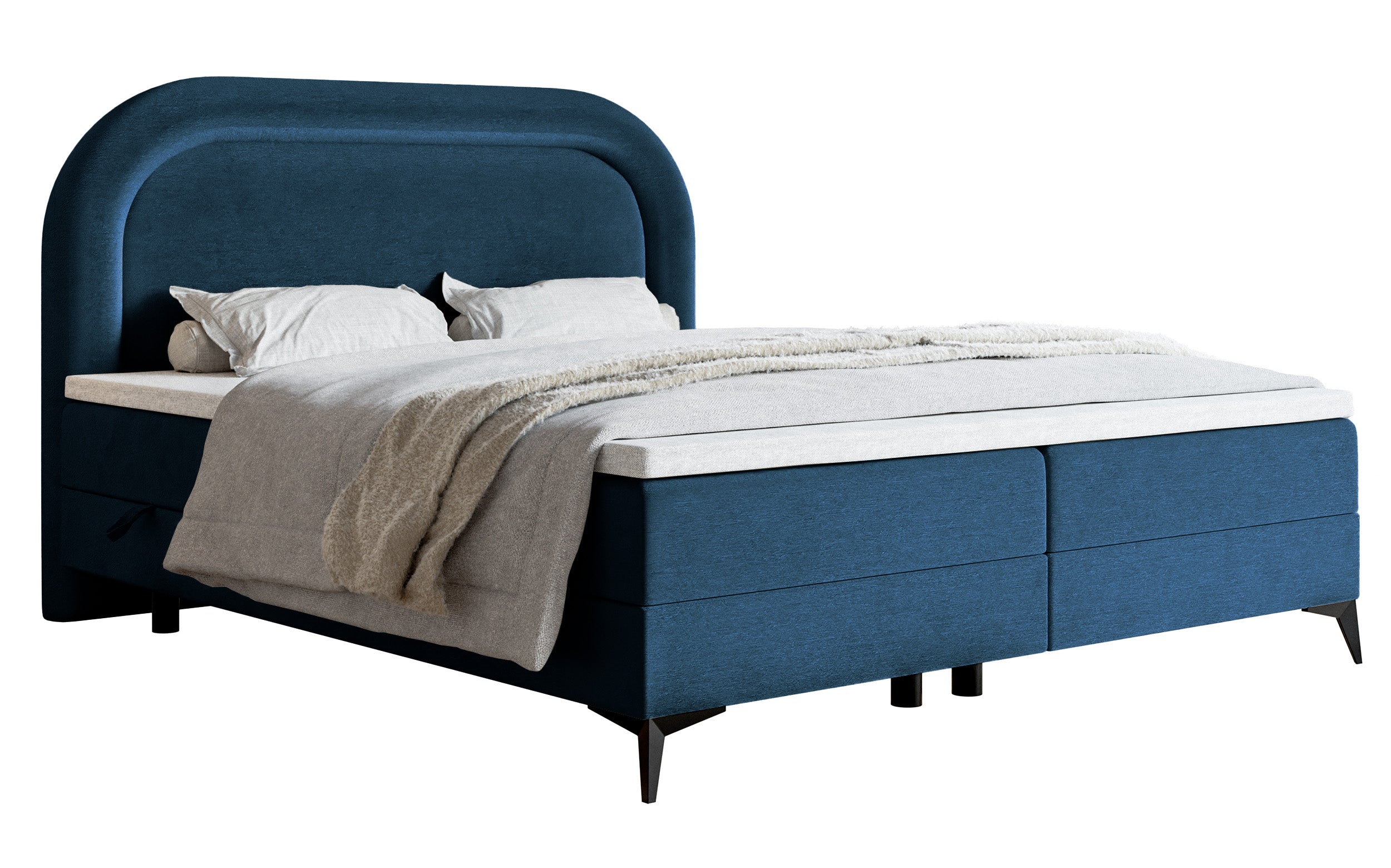 Kontinentales Bett 160x200 cm Loreo mit Topper und Stauraum, marineblauer Velours mit wasserabweisender Beschichtung