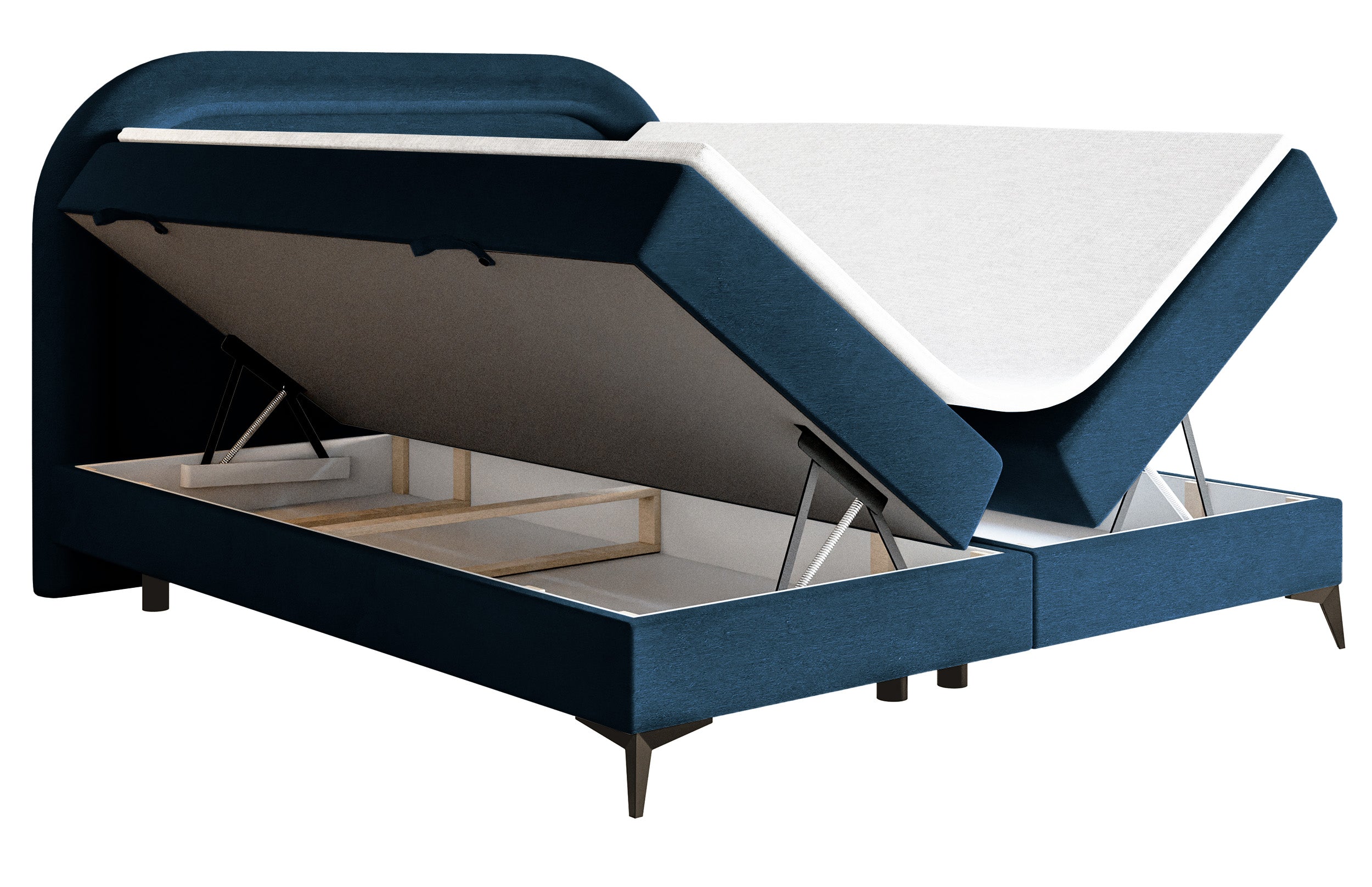 Kontinentales Bett 160x200 cm Loreo mit Topper und Stauraum, marineblauer Velours mit wasserabweisender Beschichtung