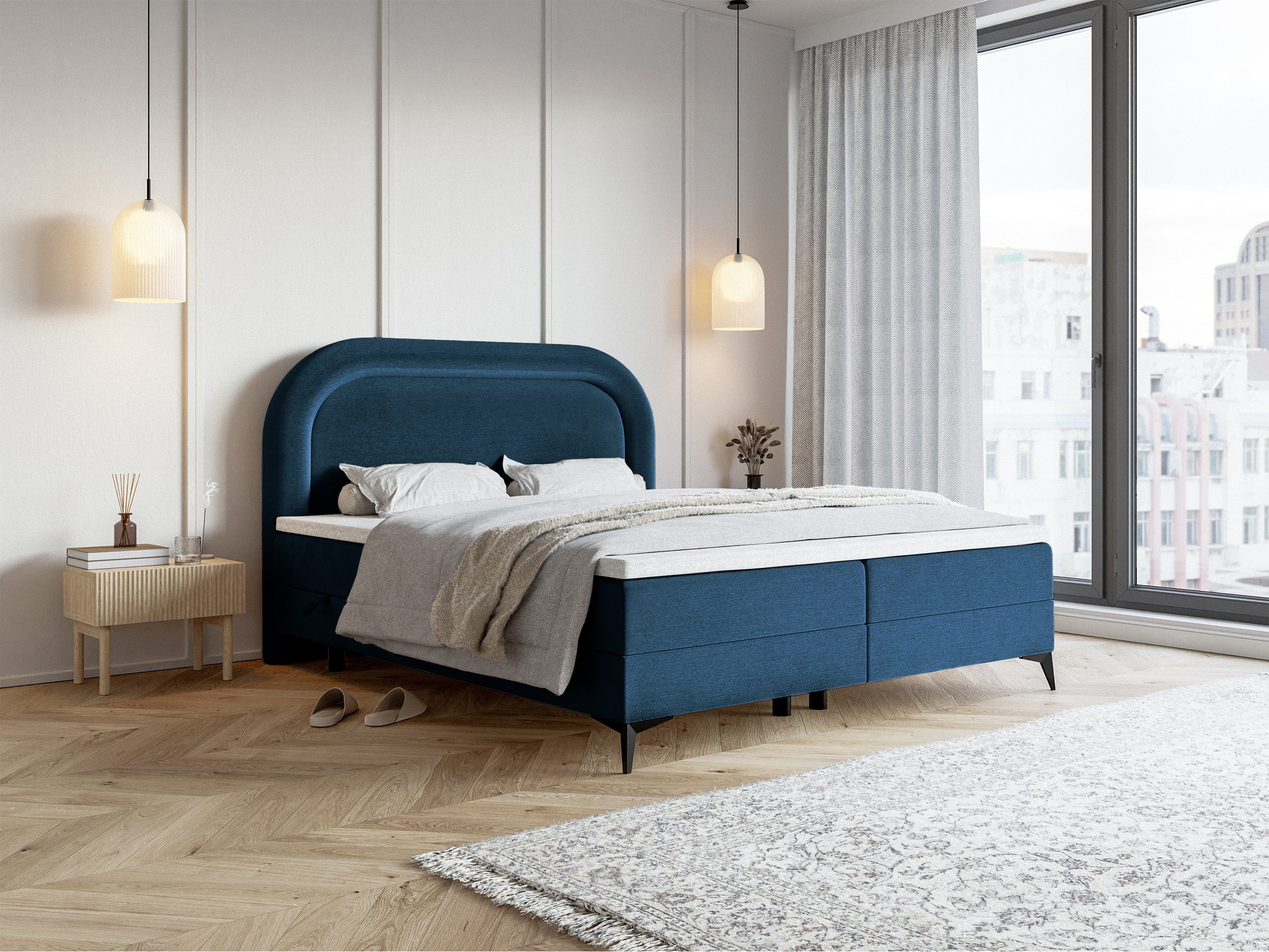 Kontinentales Bett 140x200 cm Loreo mit Topper und Stauraum, marineblauer, wasserabweisender Samt