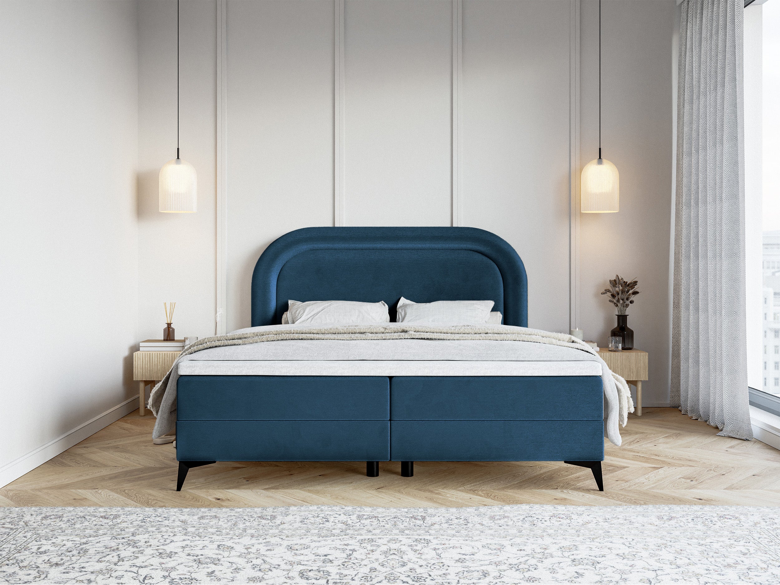 Kontinentales Bett 140x200 cm Loreo mit Topper und Stauraum, marineblauer, wasserabweisender Samt