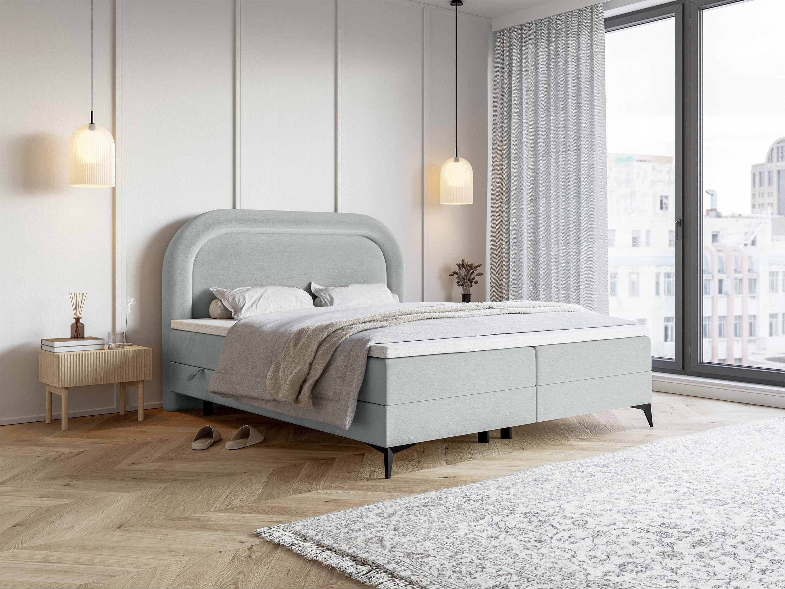 Kontinentalbett 160x200 cm Loreo mit Topper und Stauraum, Tauben-Velours, wasserabweisend