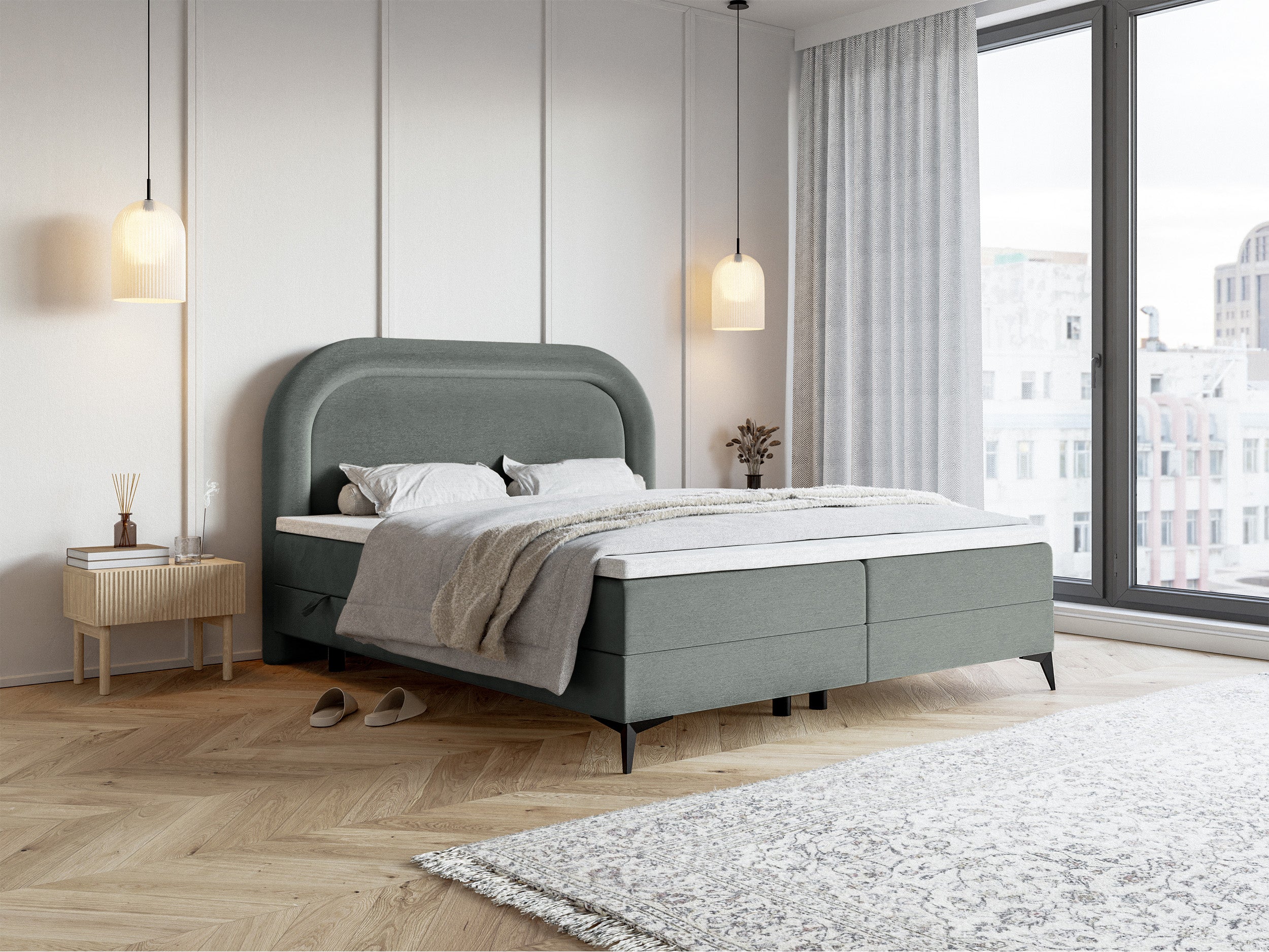 Kontinentalbett 180x200 cm Loreo mit Topper und Stauraum, grauer wasserabweisender Samt