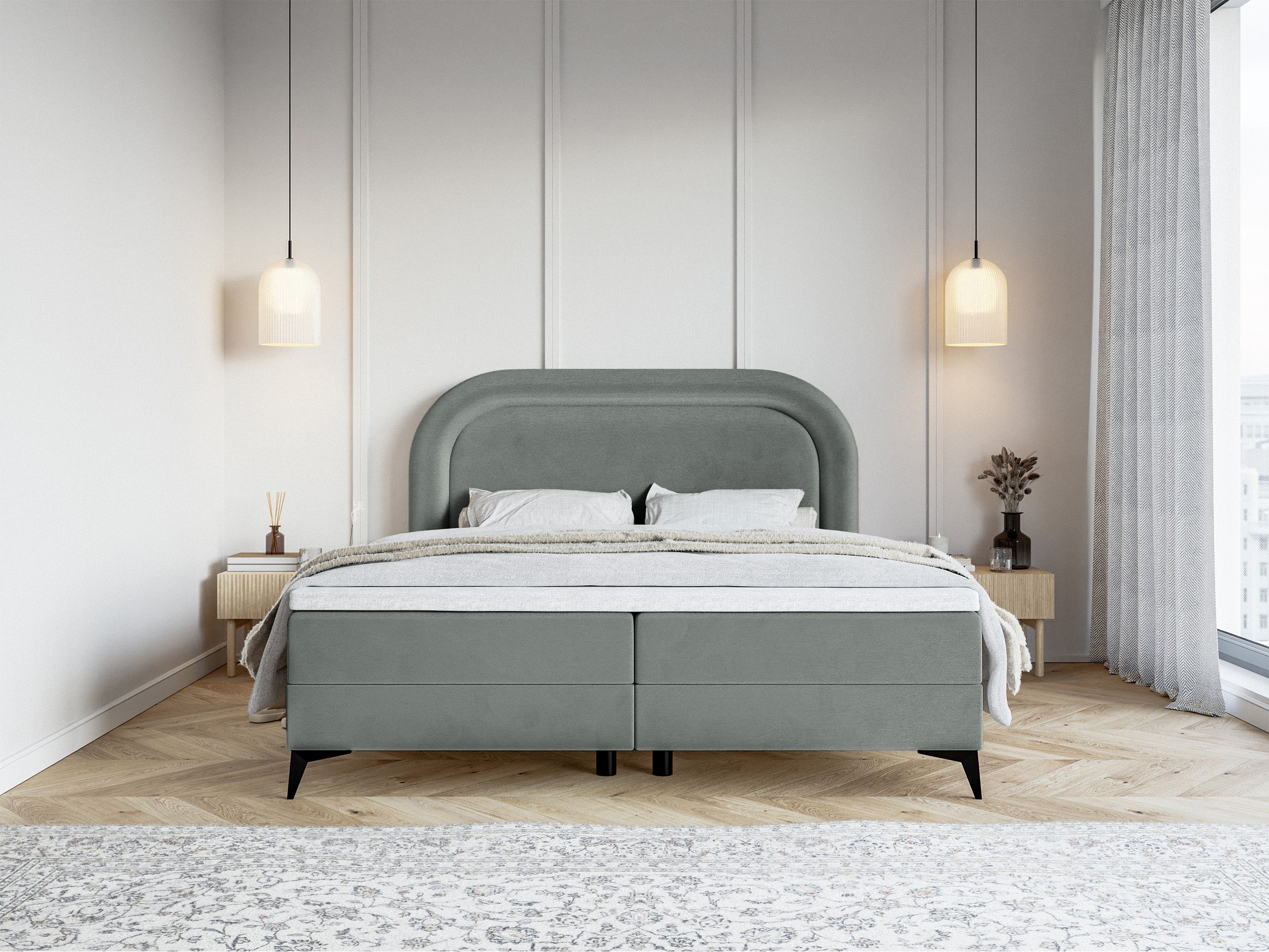 Kontinentalbett 140x200 cm Loreo mit Topper und Stauraum, grauer Velours, wasserabweisend