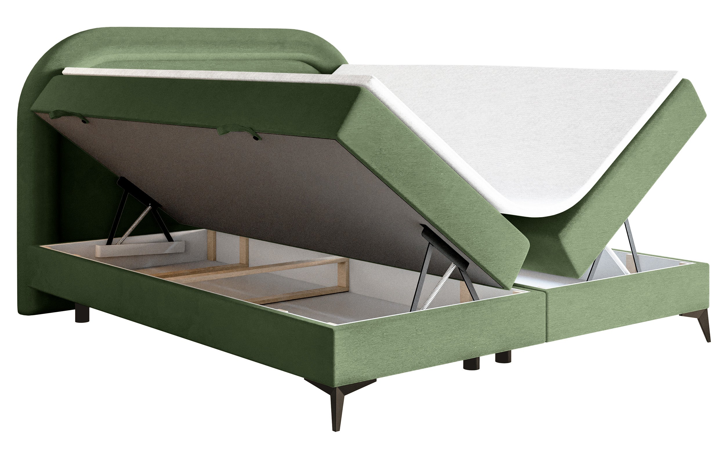Kontinentales Bett 180x200 cm Loreo mit Topper und Stauraum, eukalyptusfarbener Velours, wasserabweisend