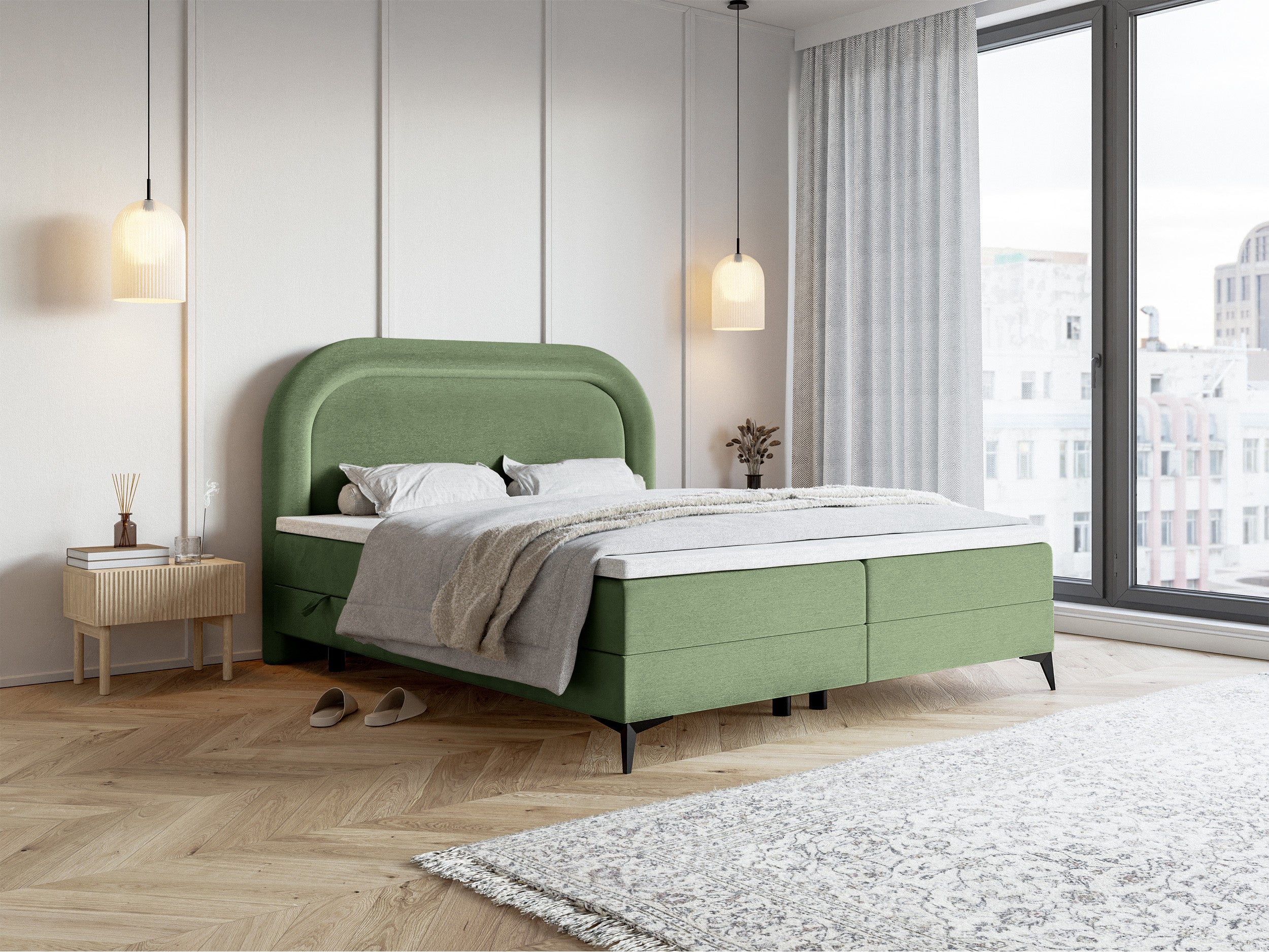 Kontinentalbett 140x200 cm Loreo mit Topper und Stauraum, Eukalyptus-Velours, hydrophob