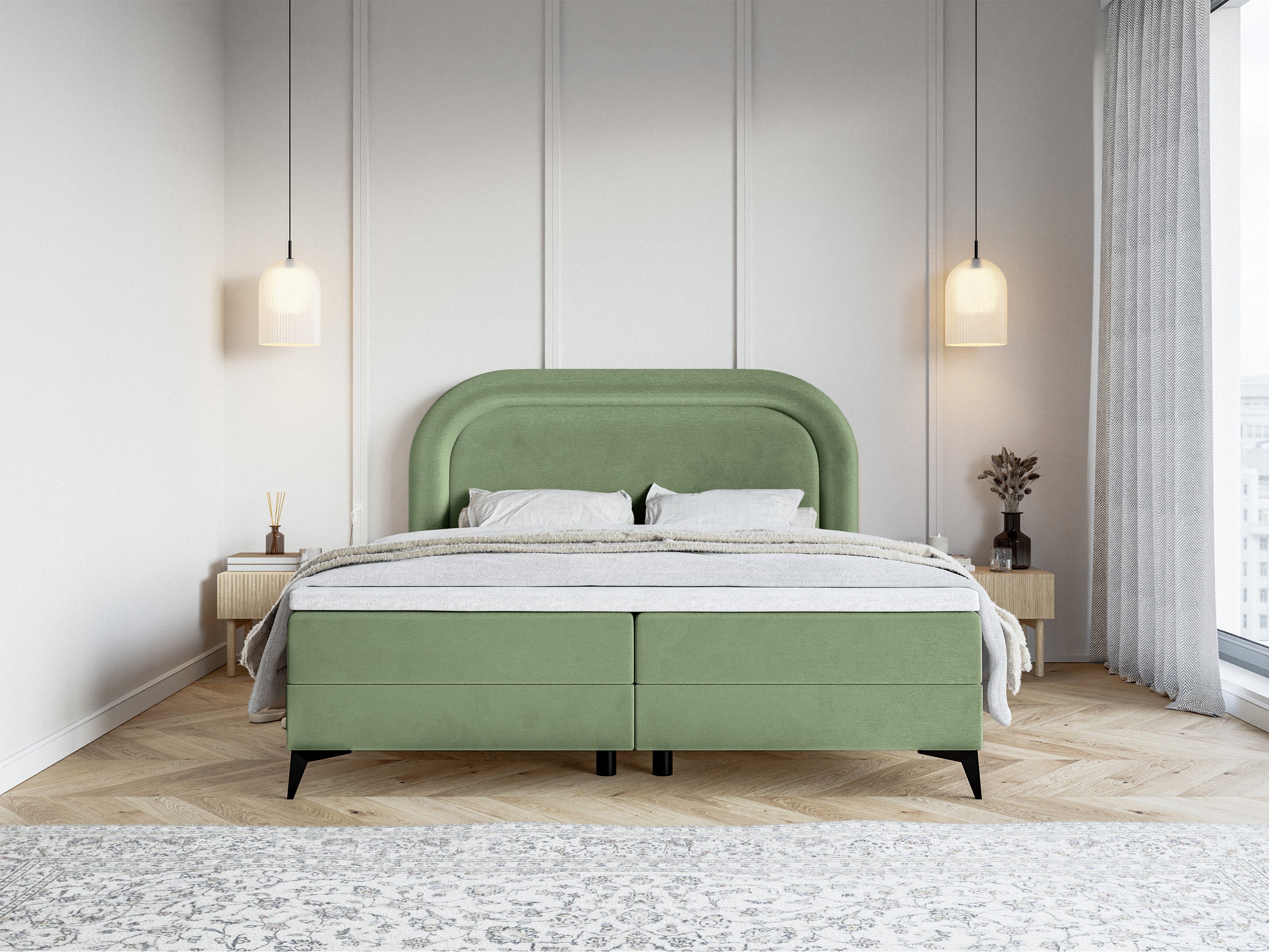 Kontinentales Bett 180x200 cm Loreo mit Topper und Stauraum, eukalyptusfarbener Velours, wasserabweisend