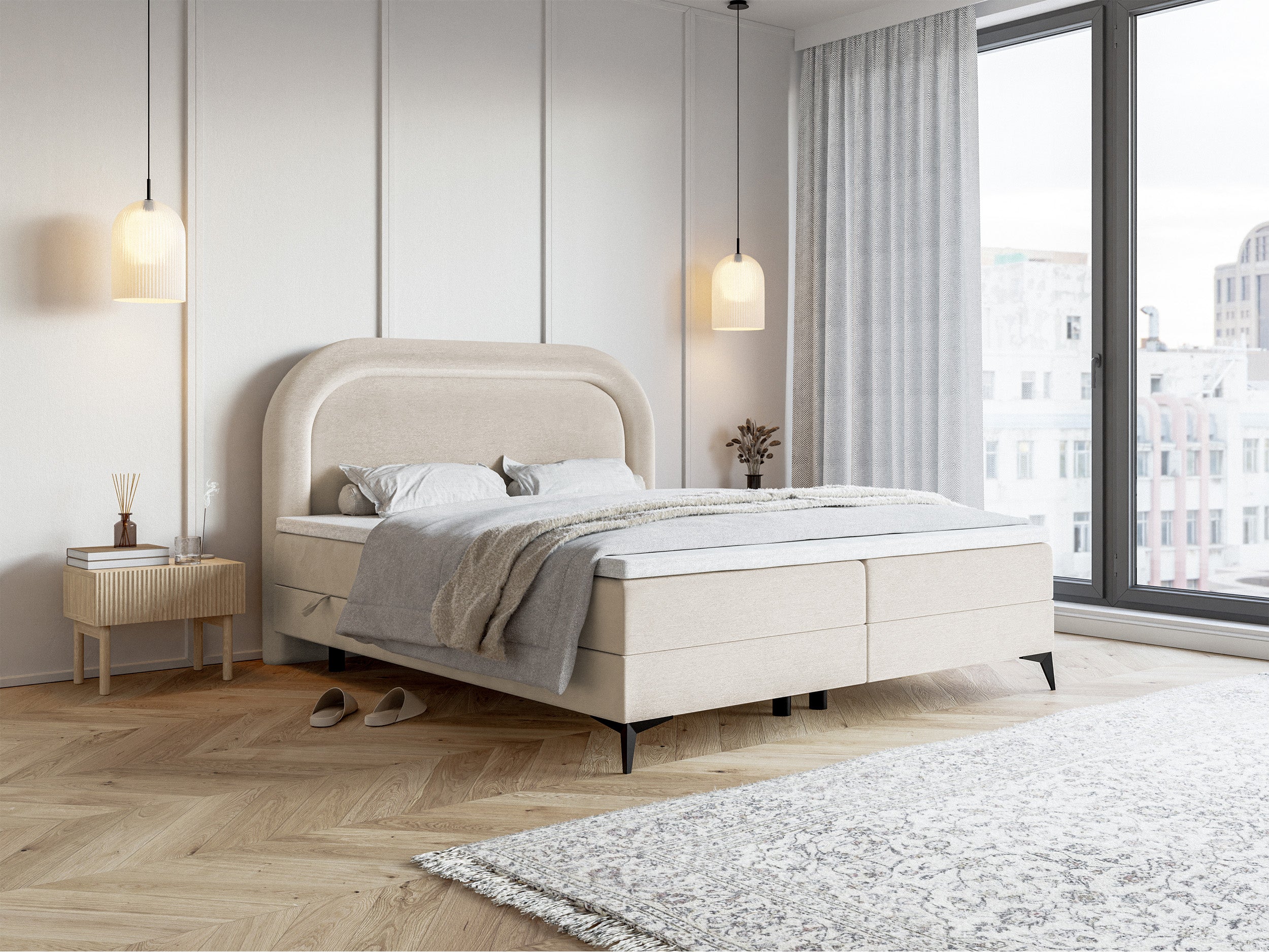 Kontinentales Bett 140x200 cm Loreo mit Topper und Stauraum, grau-beiger hydrophober Samt