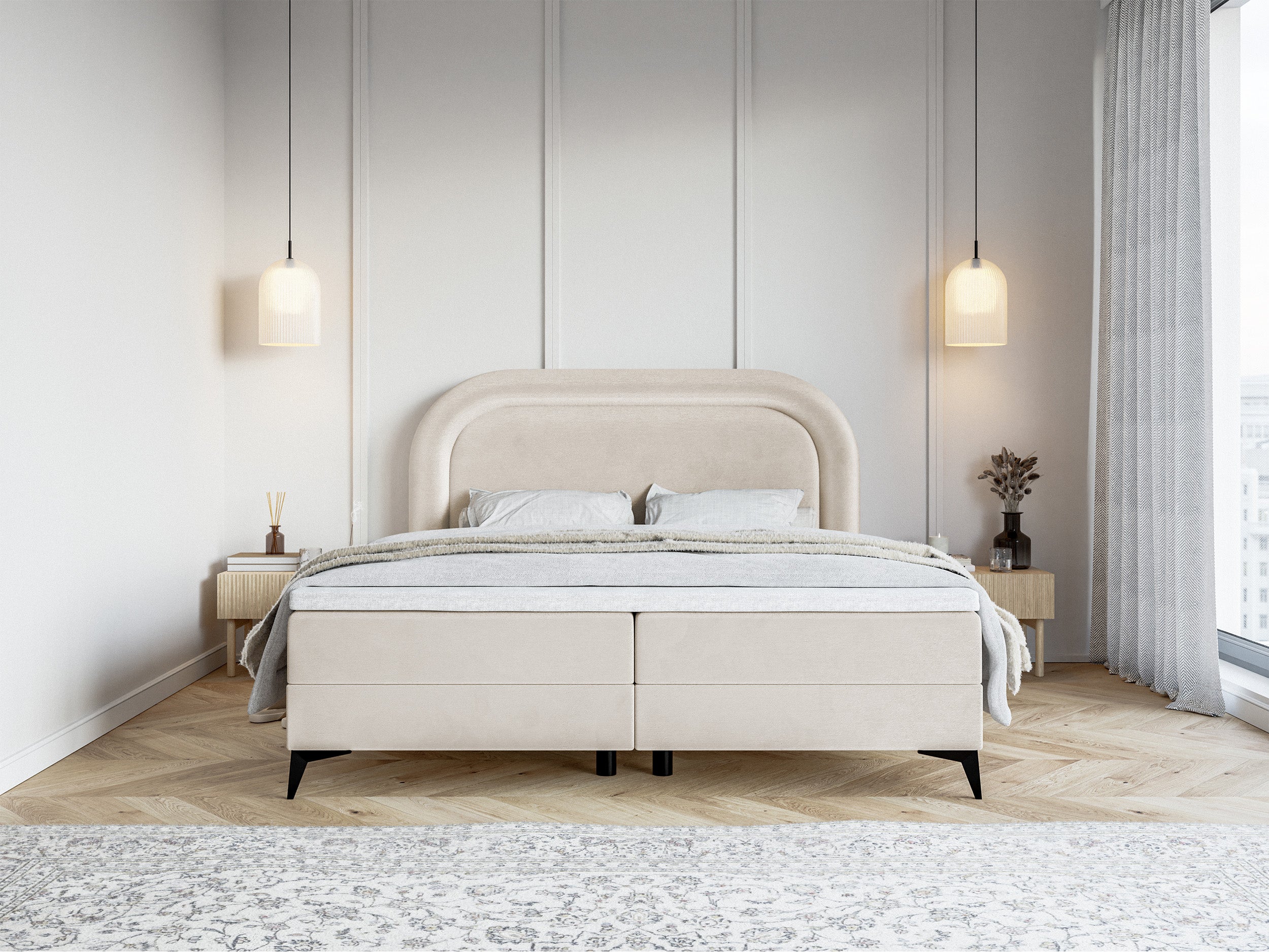 Kontinentalbett 180x200 cm Loreo mit Topper und Stauraum, grau-beiges Velours, wasserabweisend