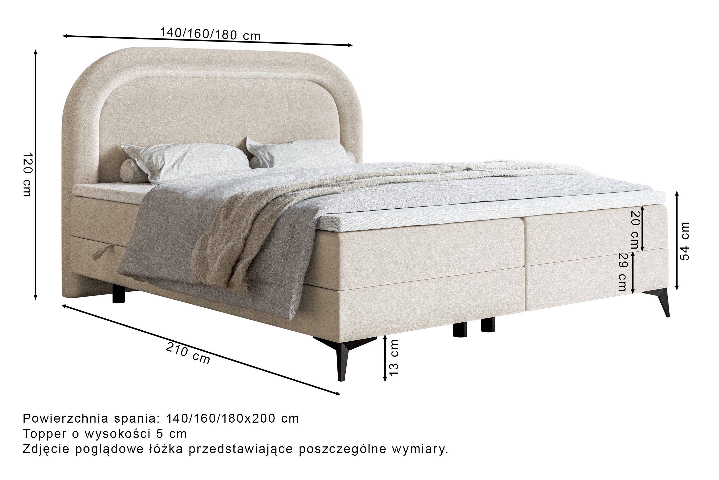Kontinentales Bett 140x200 cm Loreo mit Topper und Stauraum, grau-beiger hydrophober Samt