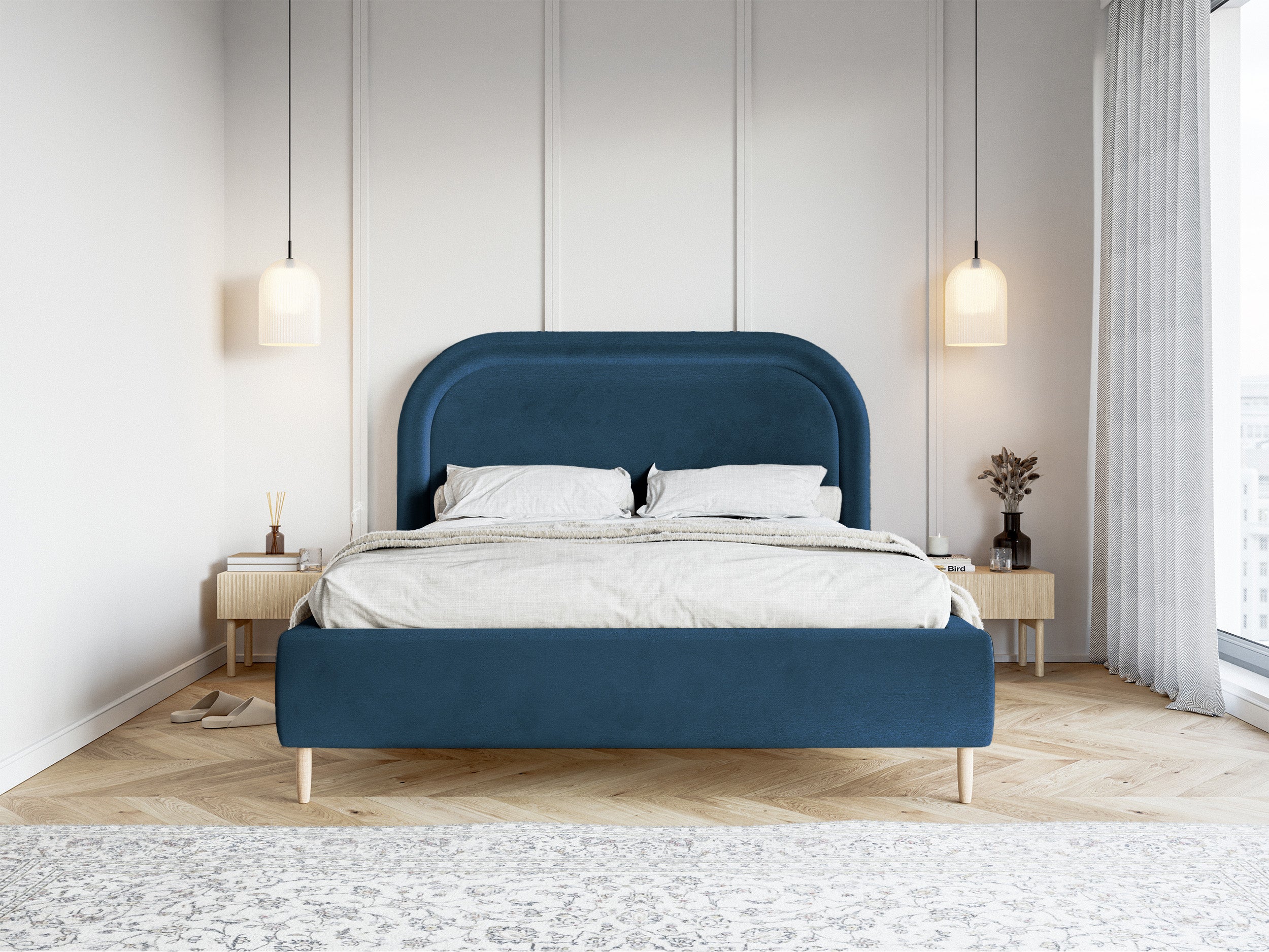 Polsterbett 140x200 cm Loreo mit Stauraum, marineblauer Veloursstoff, wasserabweisend
