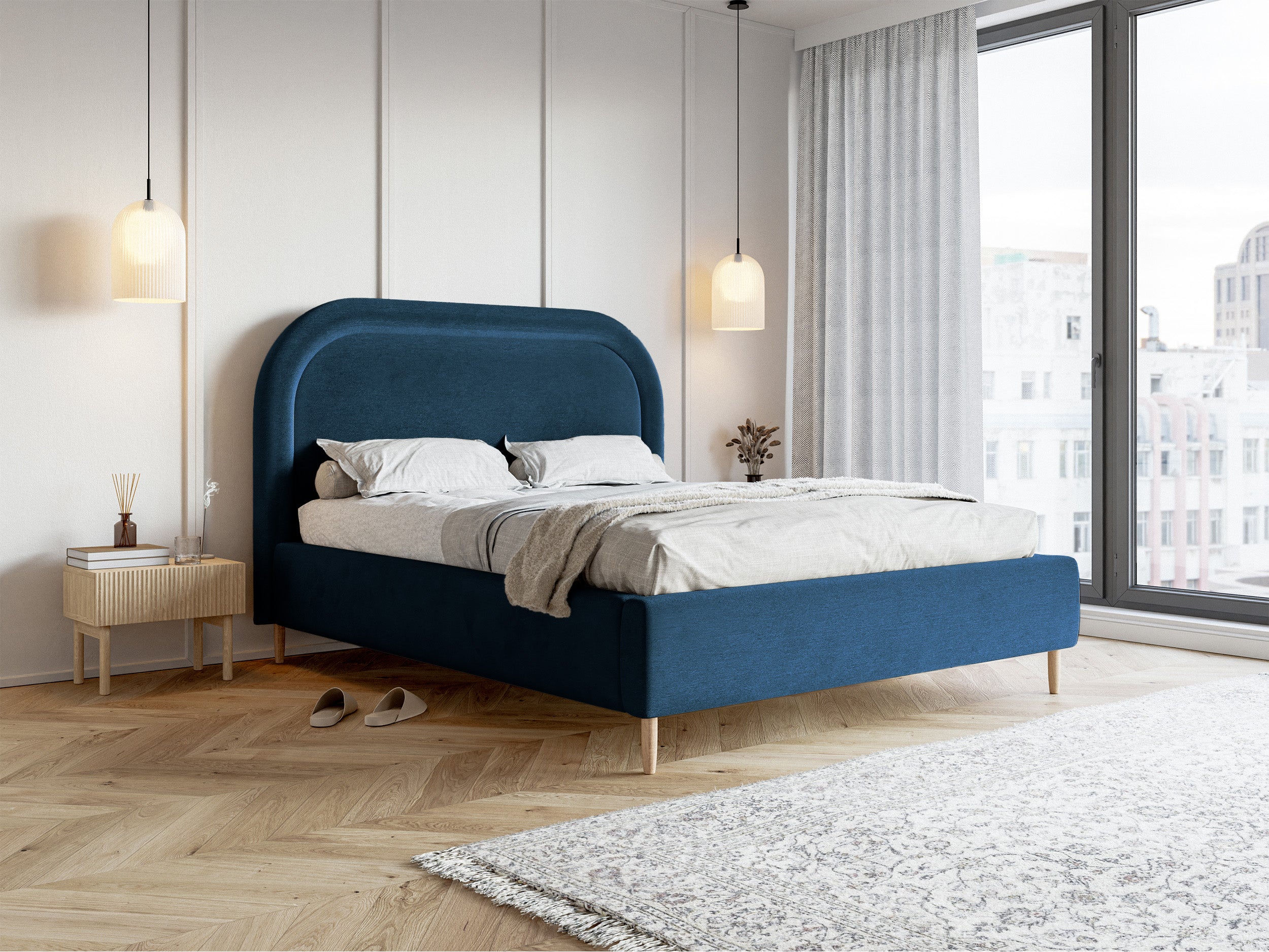 Polsterbett 140x200 cm Loreo mit Stauraum, marineblauer Veloursstoff, wasserabweisend
