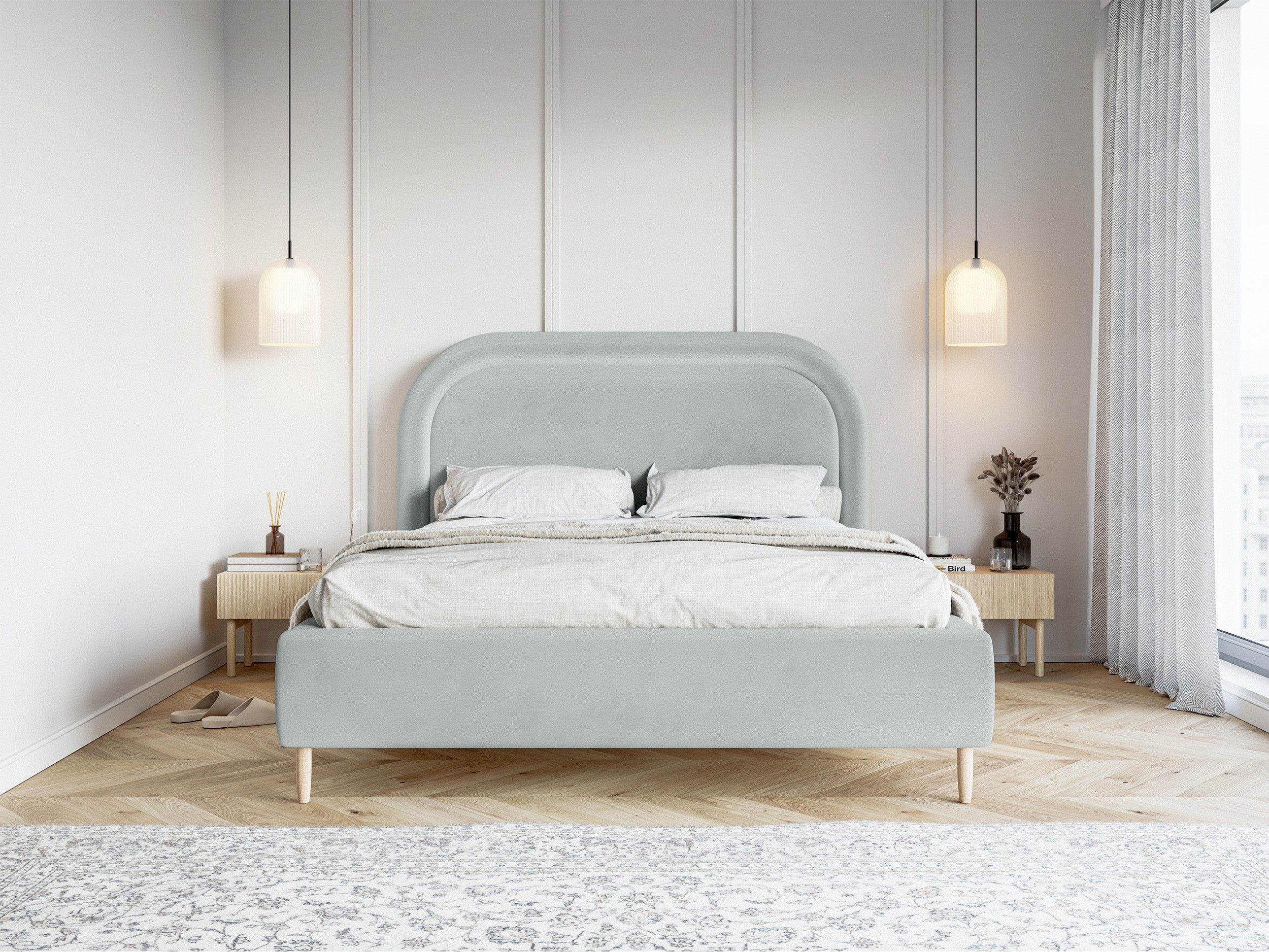 Gepolstertes Bett 160x200 cm Loreo mit Stauraum, taubenblauer hydrophober Samt