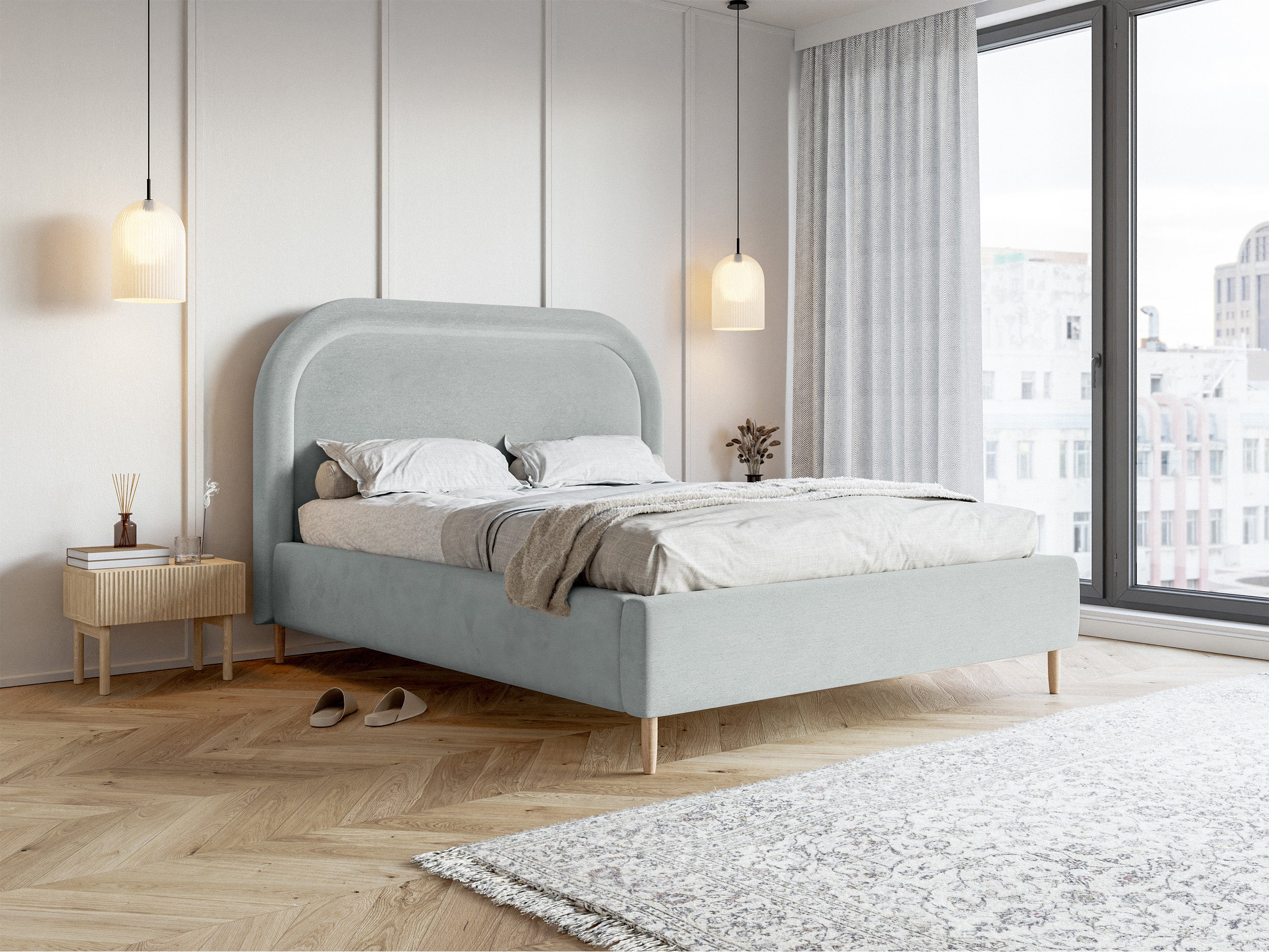 Polsterbett 140x200 cm Loreo mit Stauraum, taubenblauer hydrophober Samt