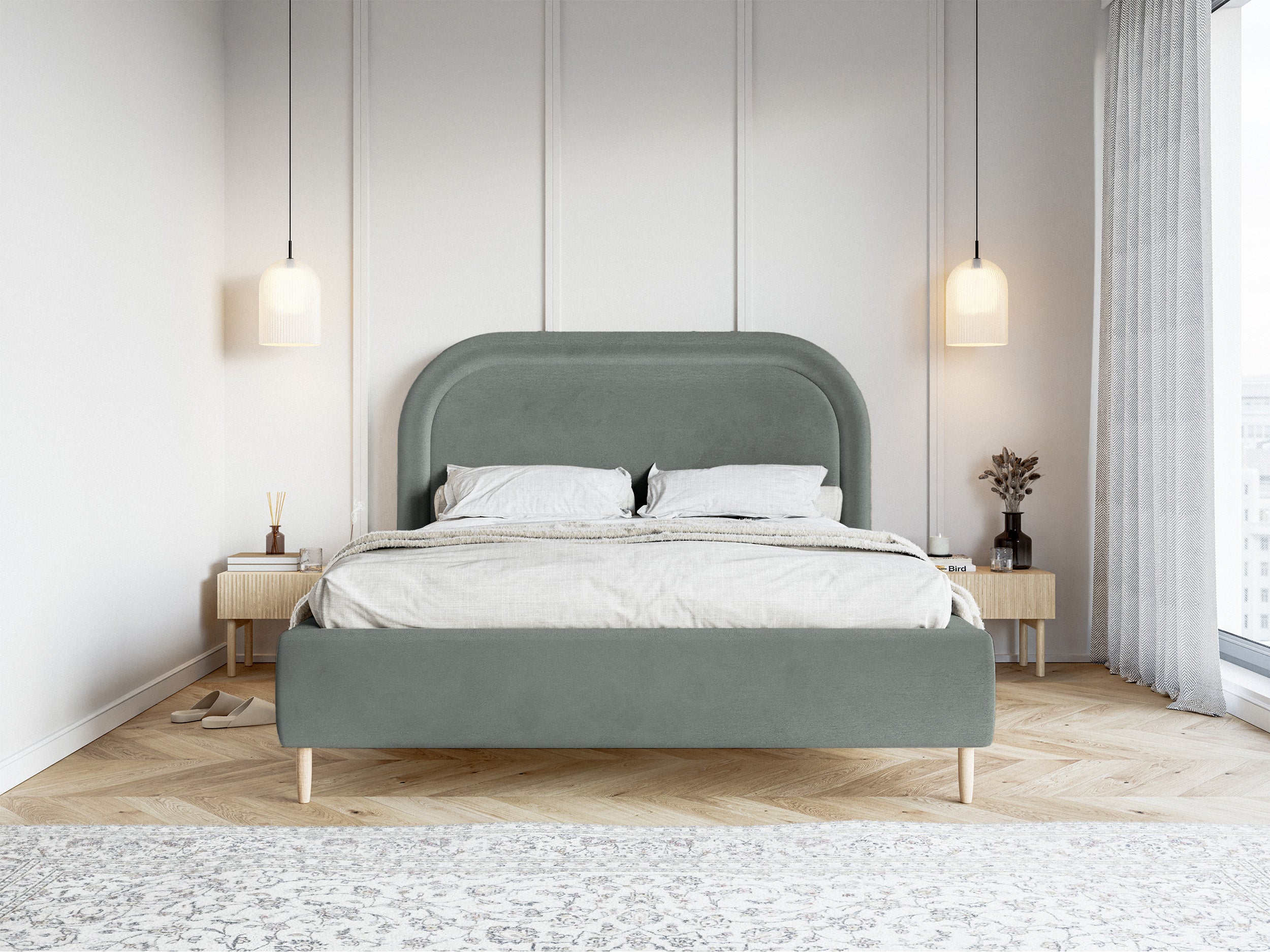 Gepolstertes Bett 180x200 cm Loreo mit Stauraum, grauer, wasserabweisender Samt