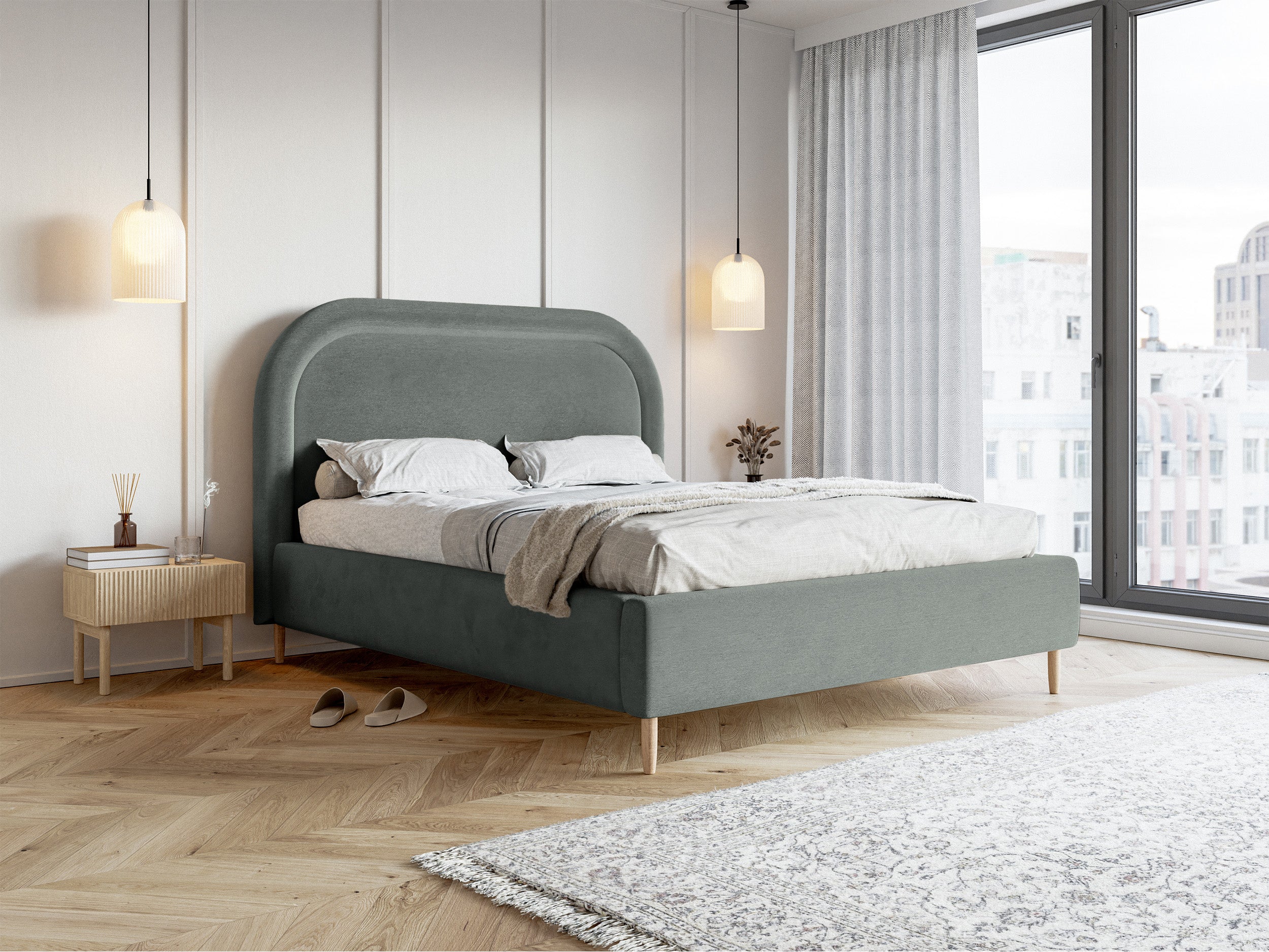 Gepolstertes Bett 180x200 cm Loreo mit Stauraum, grauer, wasserabweisender Samt