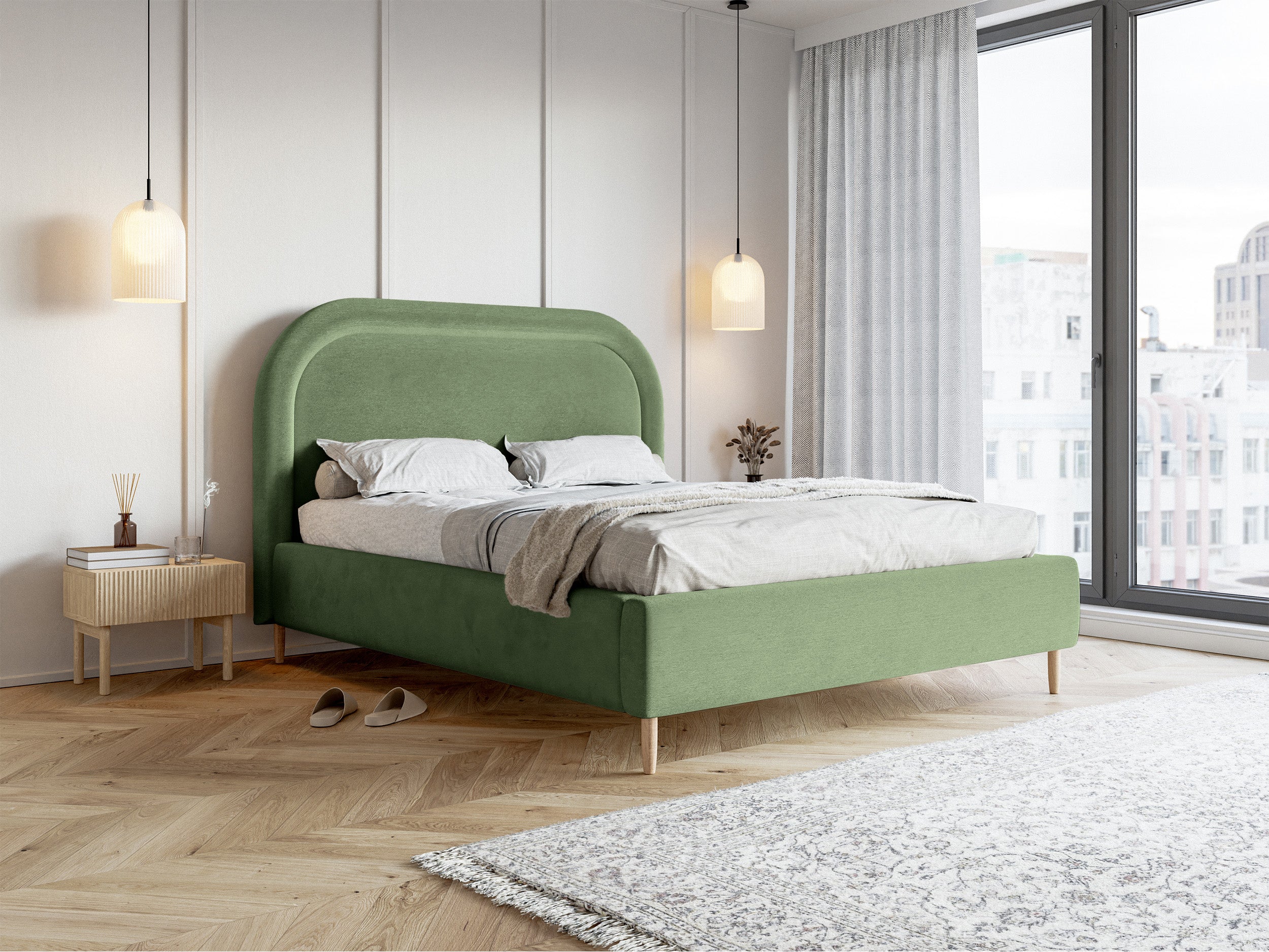 Gepolstertes Bett 180x200 cm Loreo mit Stauraum, eukalyptusfarbener, wasserabweisender Samt