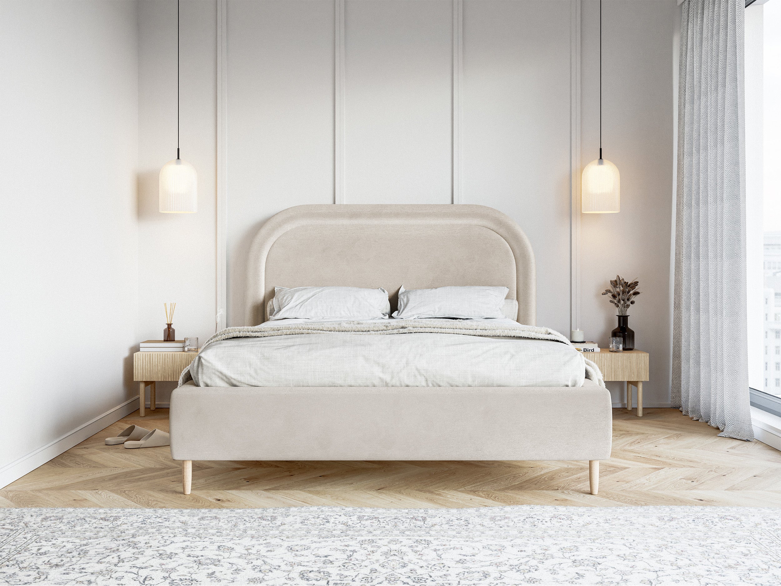 Polsterbett 160x200 cm Loreo mit Stauraum, grau-beiger hydrophober Samt