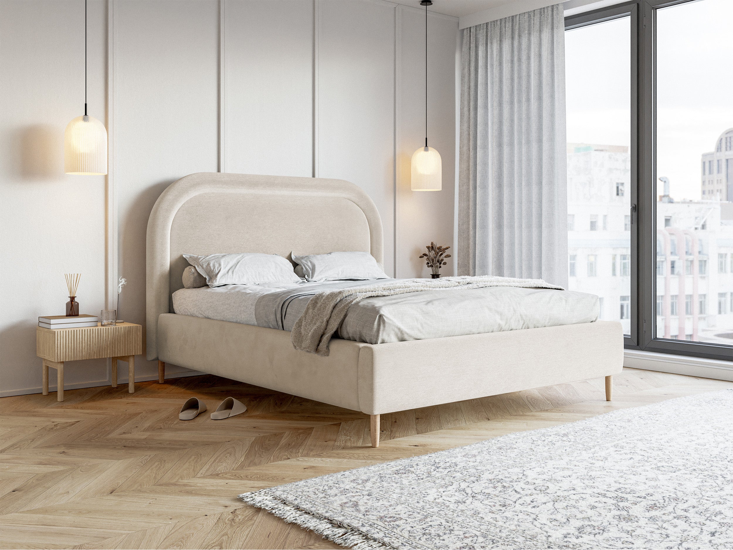 Polsterbett 160x200 cm Loreo mit Stauraum, grau-beiger hydrophober Samt
