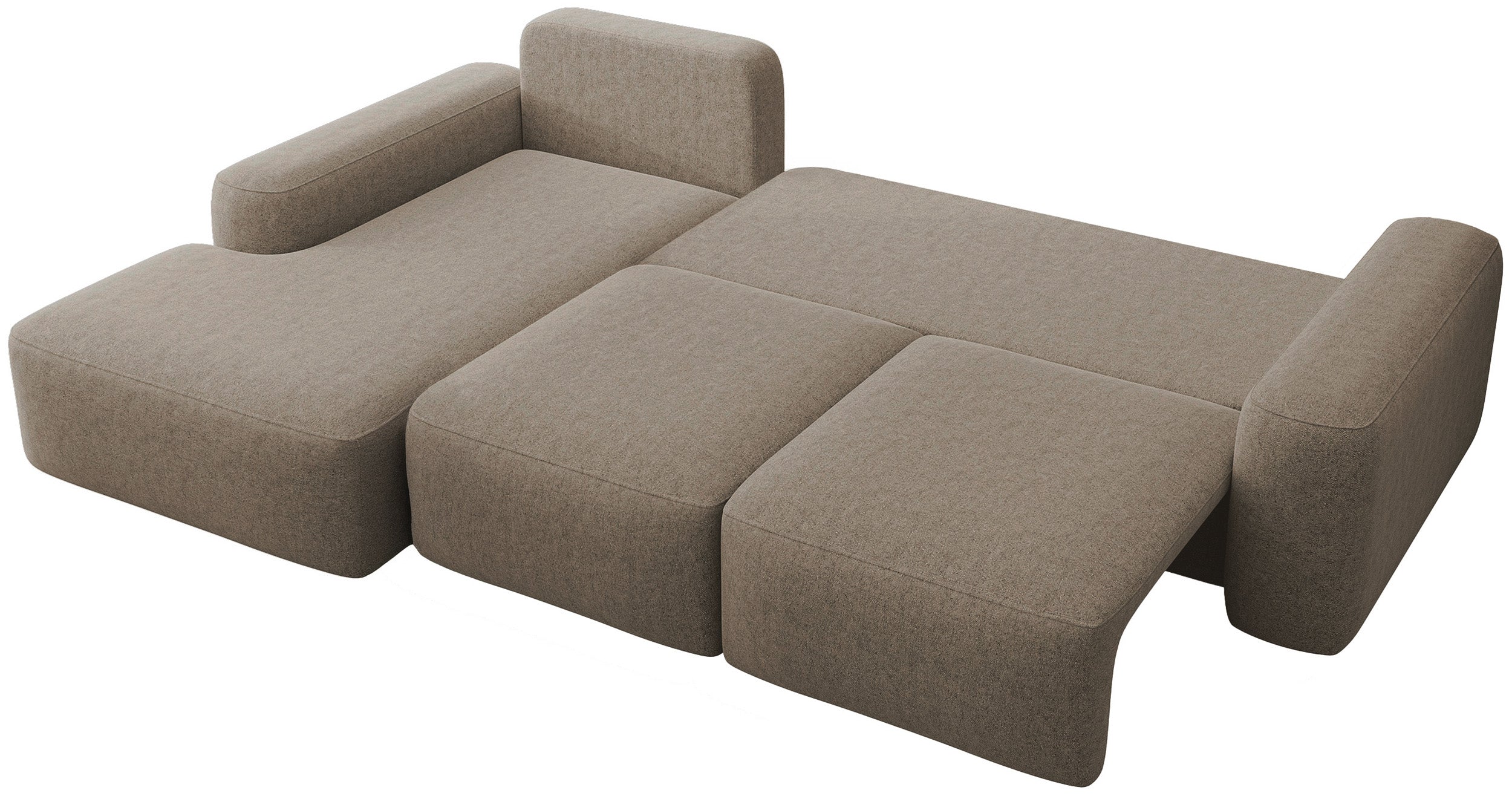 Ecksofa mit Schlaffunktion Carnos, L-förmig, mit zusätzlichen Lendenkissen, hellbrauner hydrophober Chenille-Stoff, linksseitig