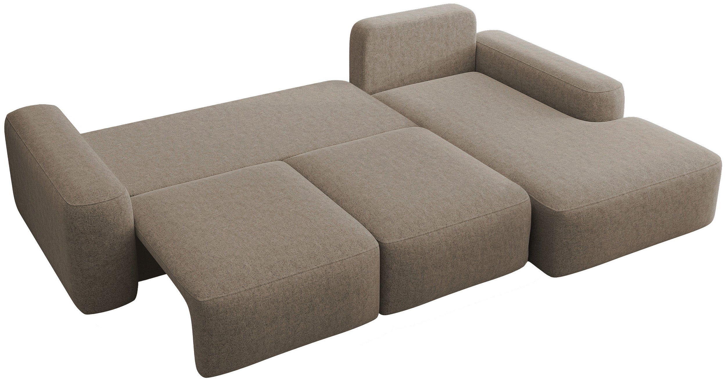 Ecksofa mit Schlaffunktion Carnos, L-förmig, mit zusätzlichen Lendenkissen, hellbrauner hydrophober Chenille, rechtsseitig