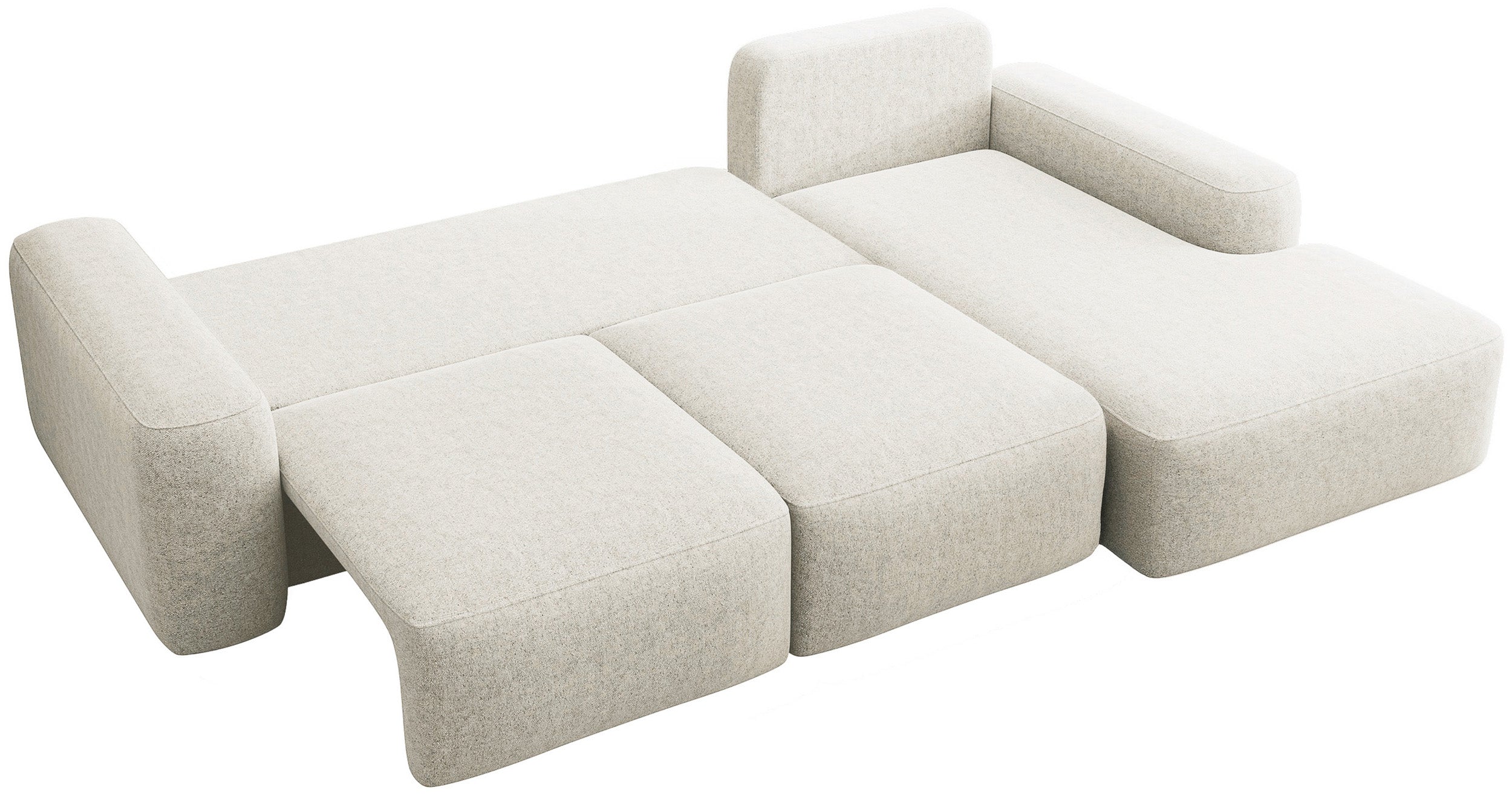 Ecksofa mit Schlaffunktion Carnos, L-förmig mit Ball, einzelne Kissen, cremefarbenes hydrophobes Chenille, rechtsseitig