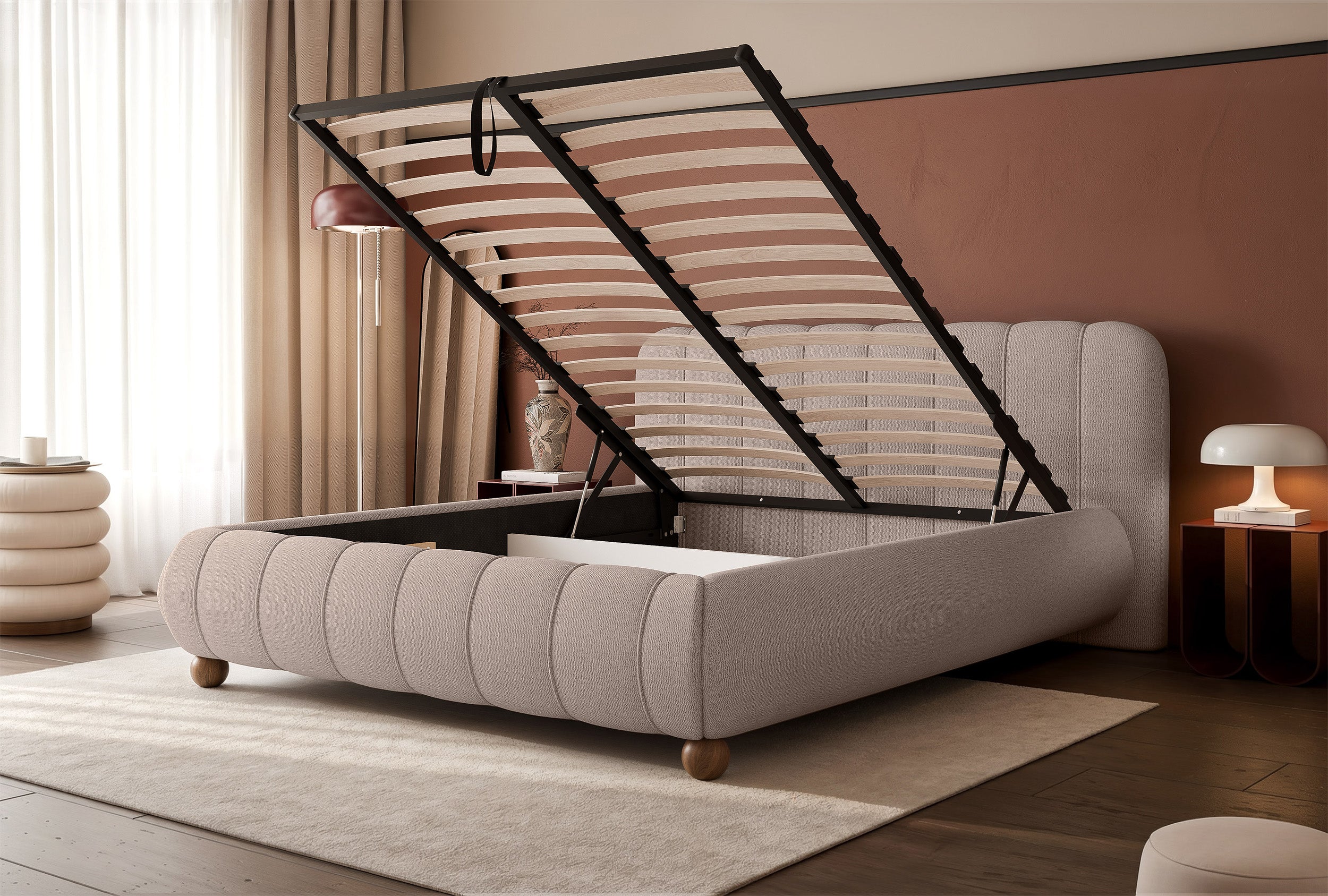 Polsterbett 140x200 cm Malunna mit Stauraum, Metallrahmen, hellbeige-grauer Chenille-Stoff, pflegeleicht, kugelförmige Beine aus lackiertem Buchenholz