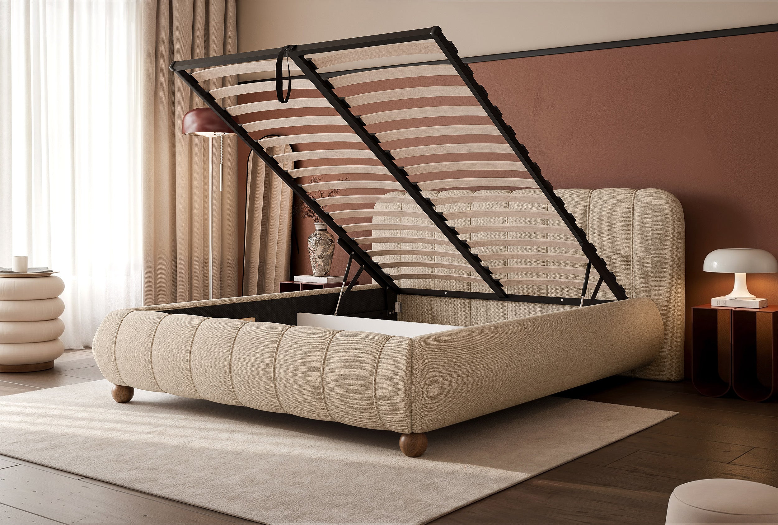 Polsterbett 140x200 cm Malunna mit Stauraum, Metallrahmen, beige Chenille, pflegeleicht, lackierte Buchenholz-Kugelbeine