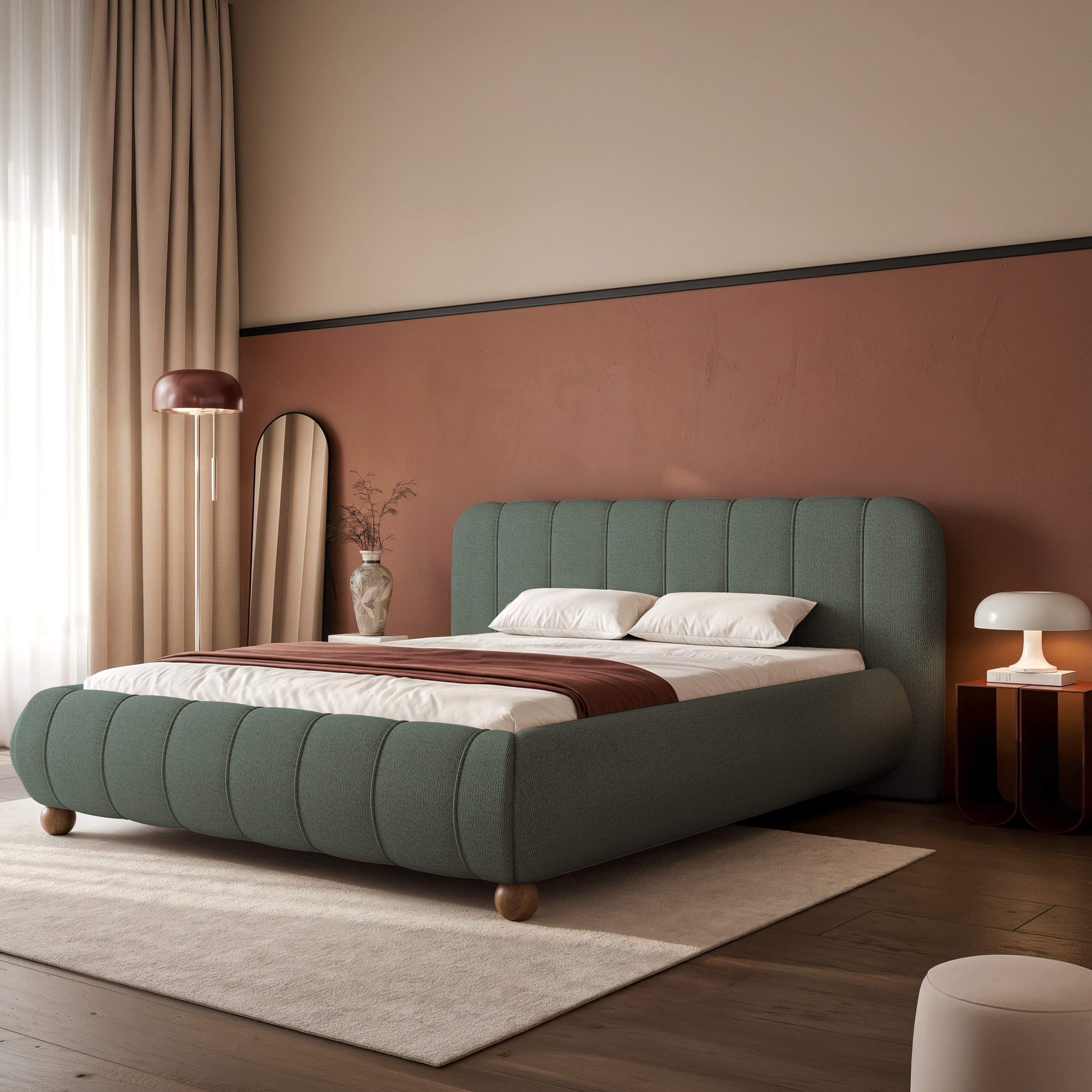 Polsterbett 140x200 cm Malunna mit Stauraum, Metallrahmen, salbeigrüner Chenille-Stoff, pflegeleicht, lackierte Buchenholz-Kugelfüße