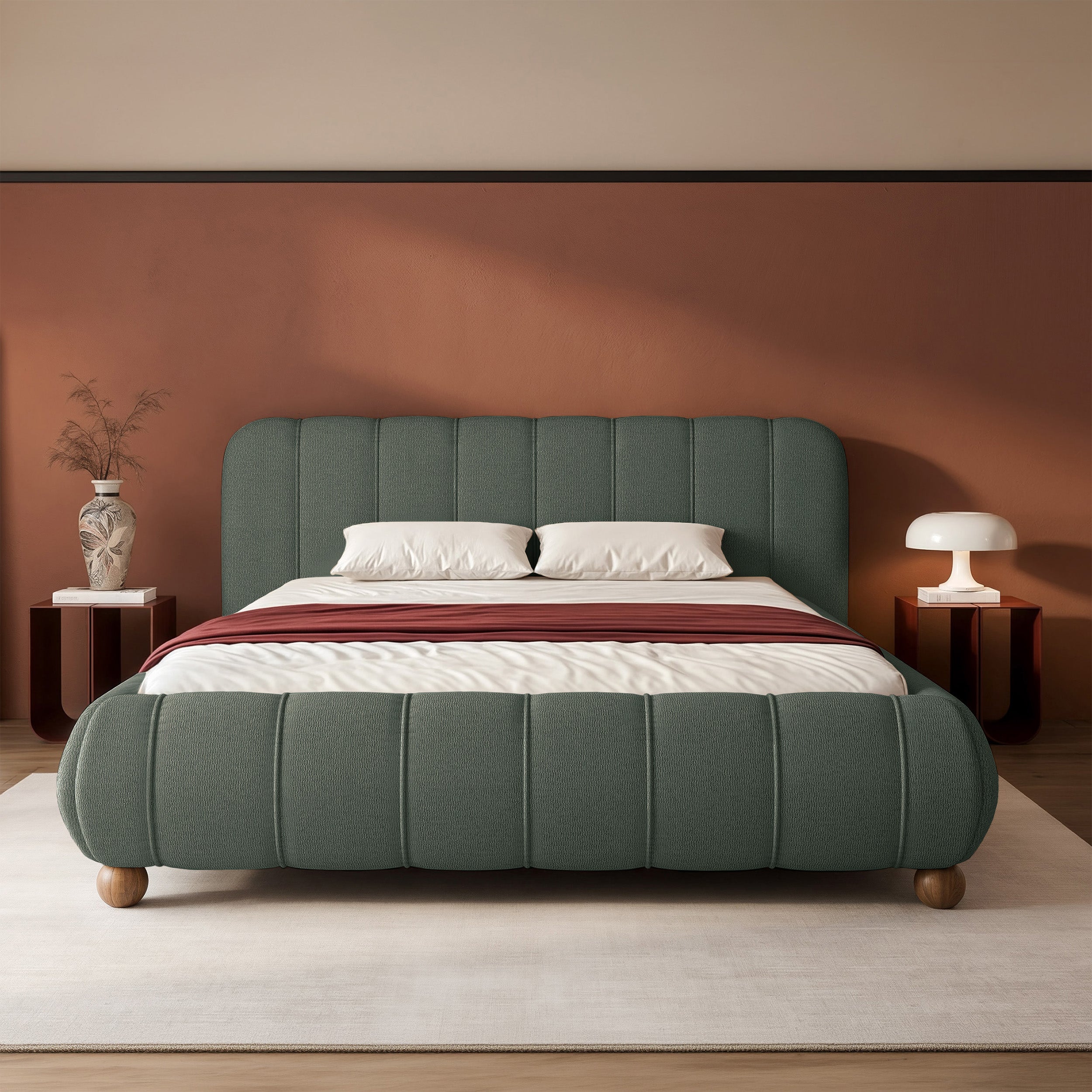 Polsterbett 140x200 cm Malunna mit Stauraum, Metallrahmen, salbeigrüner Chenille-Stoff, pflegeleicht, lackierte Buchenholz-Kugelfüße