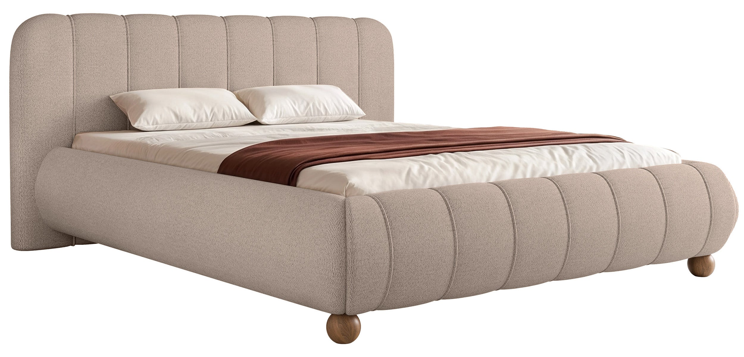 Polsterbett 140x200 cm Malunna mit Stauraum, Metallrahmen, hellbeige-grauer Chenille-Stoff, pflegeleicht, kugelförmige Beine aus lackiertem Buchenholz