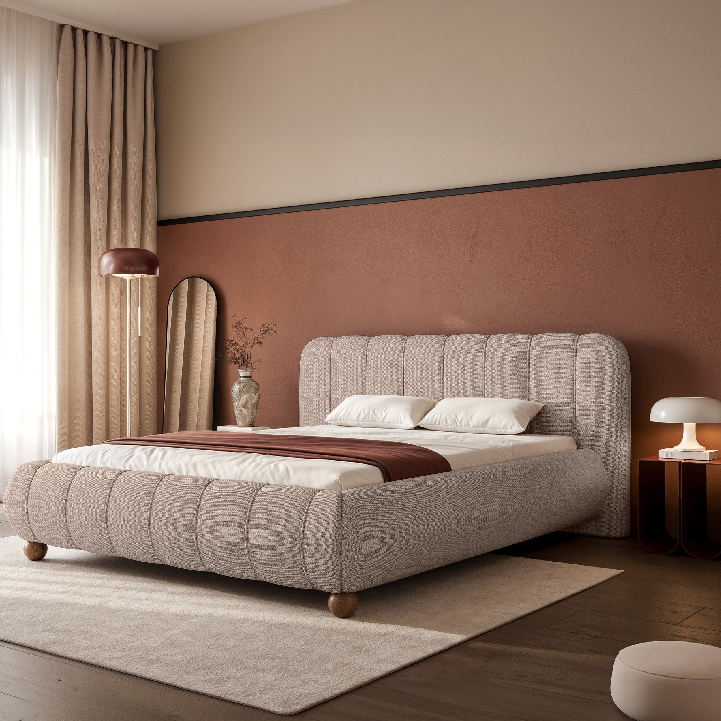 Polsterbett 140x200 cm Malunna mit Stauraum, Metallrahmen, hellbeige-grauer Chenille-Stoff, pflegeleicht, kugelförmige Beine aus lackiertem Buchenholz