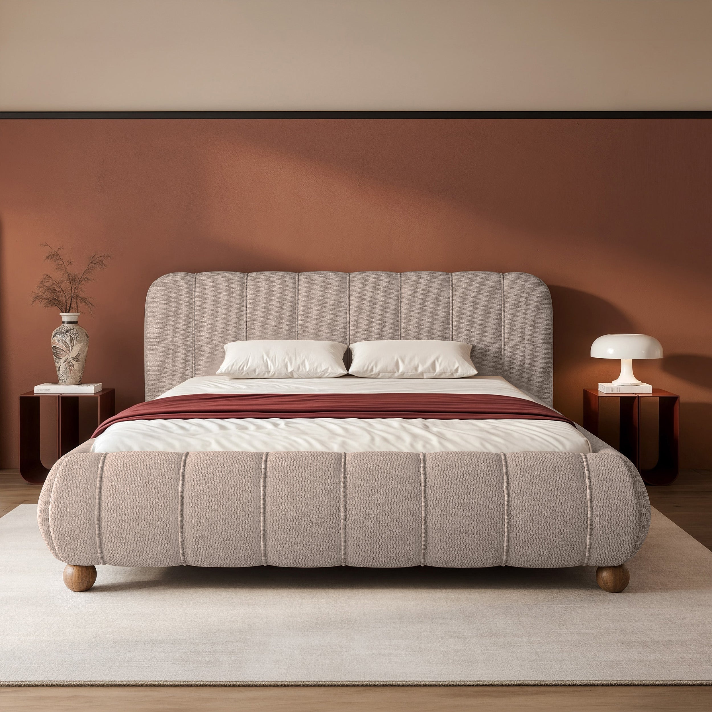 Polsterbett 140x200 cm Malunna mit Stauraum, Metallrahmen, hellbeige-grauer Chenille-Stoff, pflegeleicht, kugelförmige Beine aus lackiertem Buchenholz