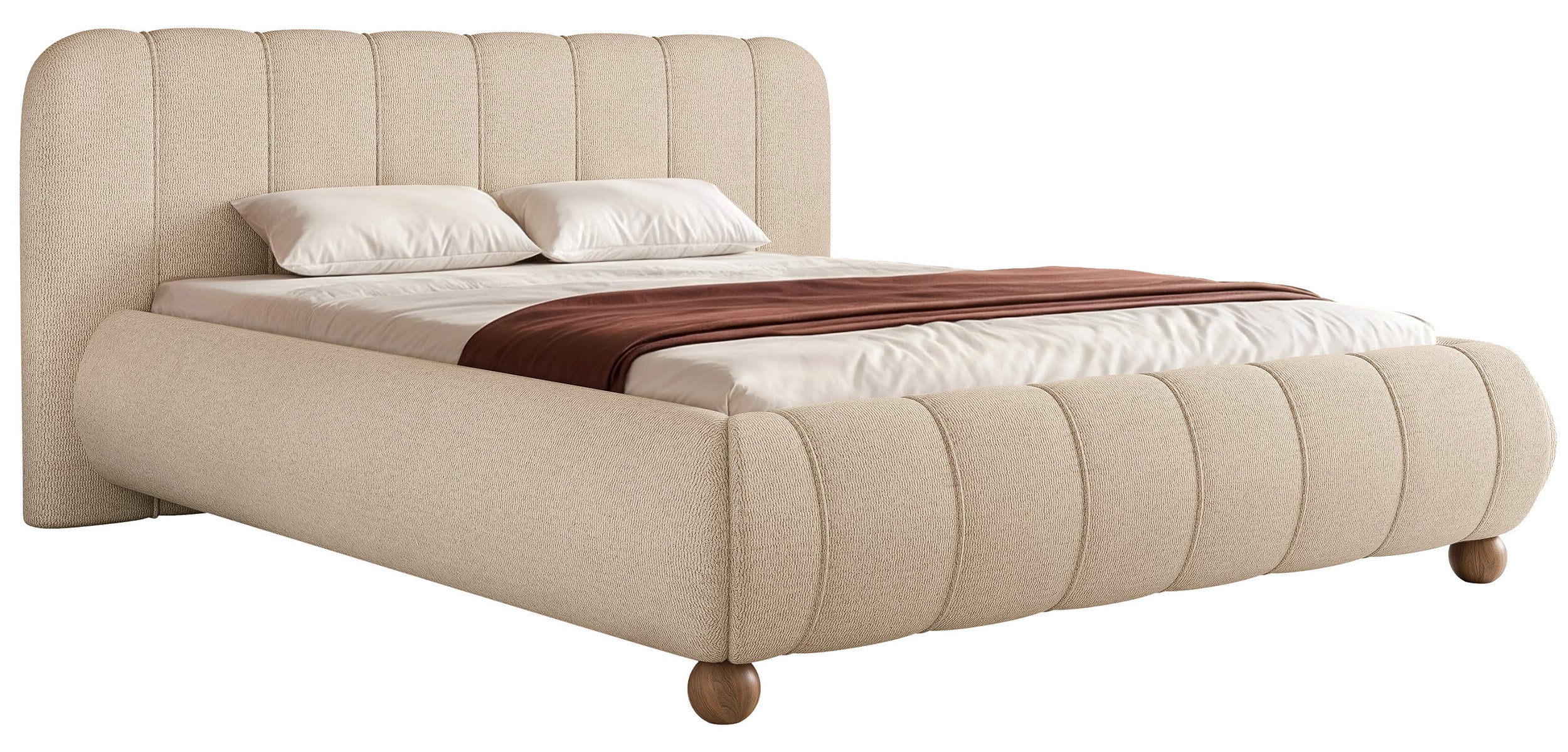 Polsterbett 140x200 cm Malunna mit Stauraum, Metallrahmen, beige Chenille, pflegeleicht, lackierte Buchenholz-Kugelbeine