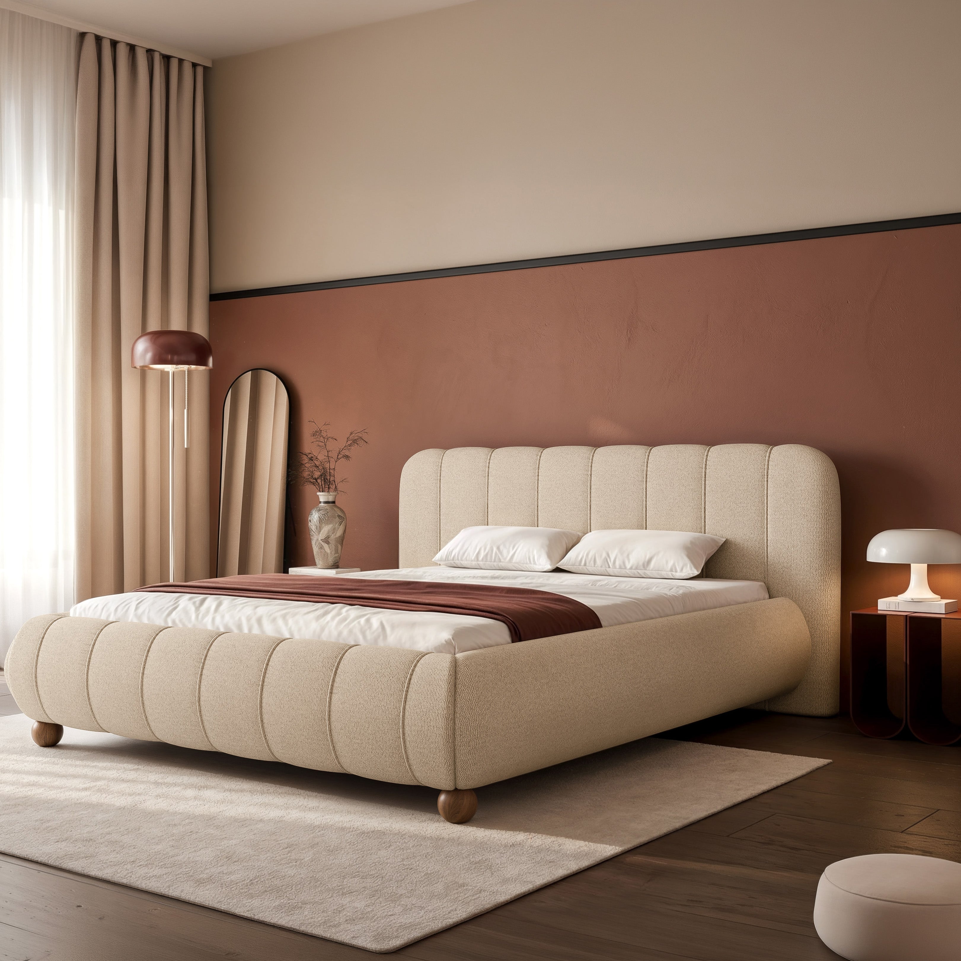 Polsterbett 140x200 cm Malunna mit Stauraum, Metallrahmen, beige Chenille, pflegeleicht, lackierte Buchenholz-Kugelbeine