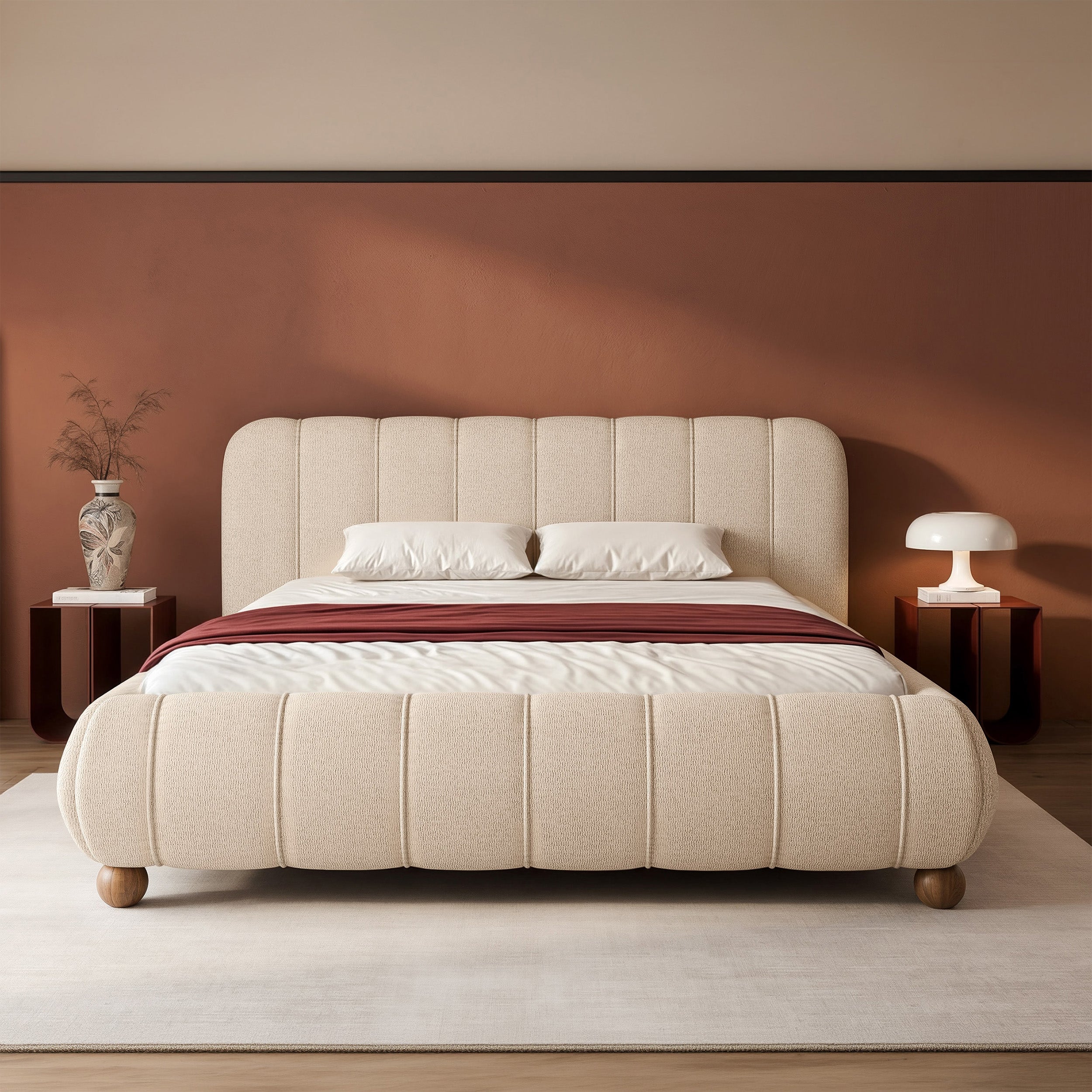 Polsterbett 140x200 cm Malunna mit Stauraum, Metallrahmen, beige Chenille, pflegeleicht, lackierte Buchenholz-Kugelbeine