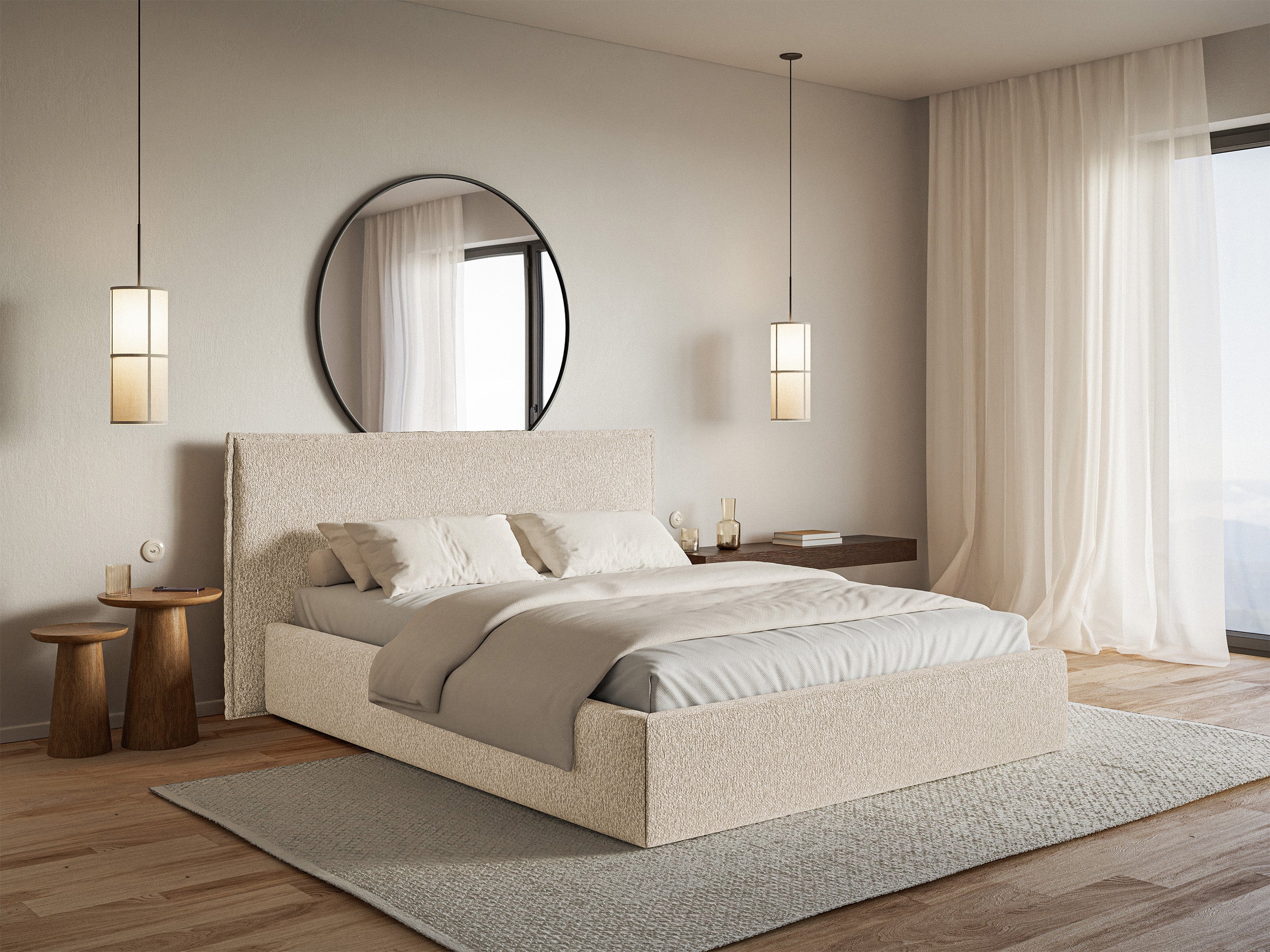 Polsterbett 180x200 cm Softie mit Stauraum, hellbeiger Chenille-Stoff, Metallrahmen
