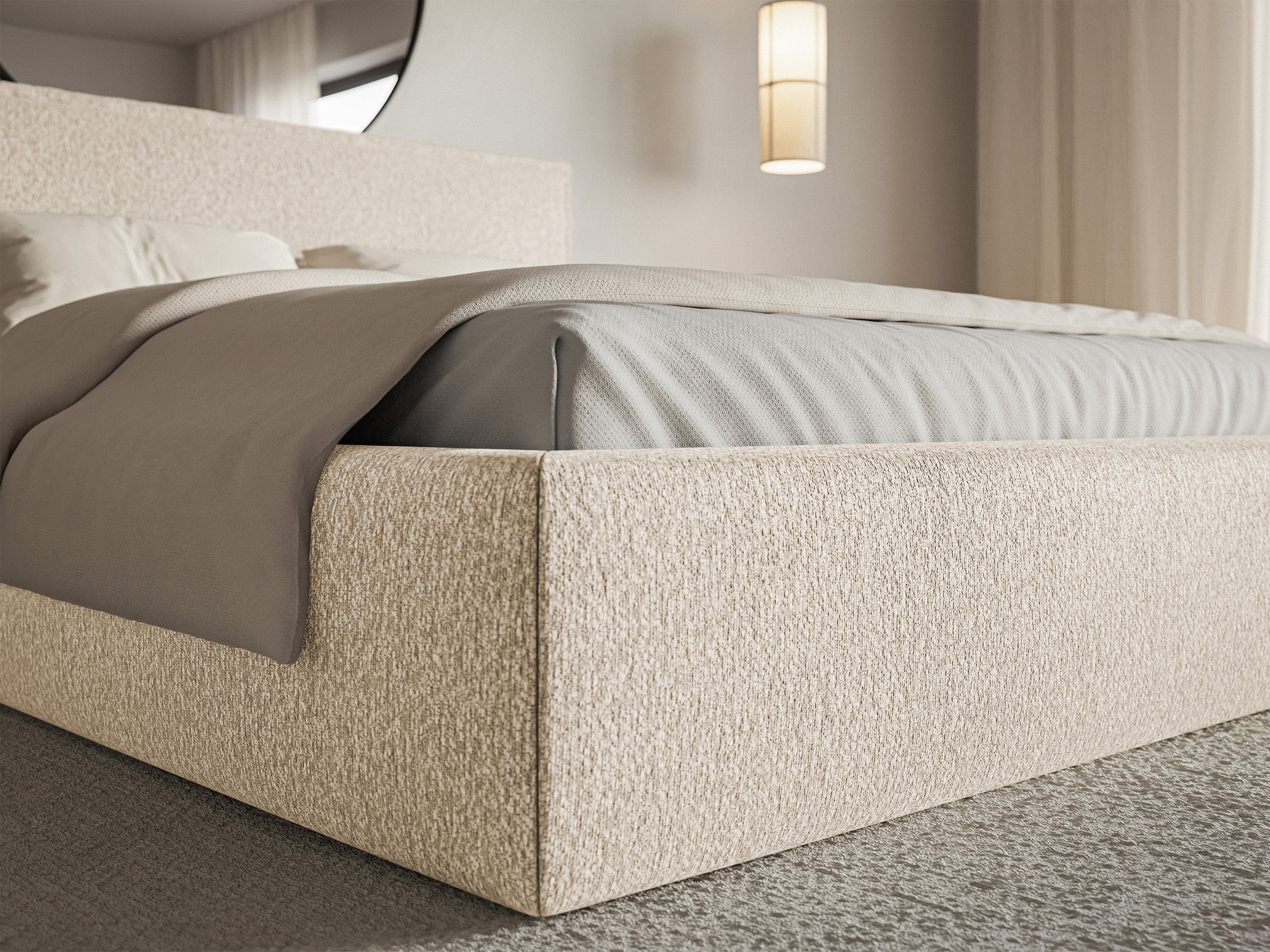 Polsterbett 180x200 cm Softie mit Stauraum, hellbeiger Chenille-Stoff, Metallrahmen