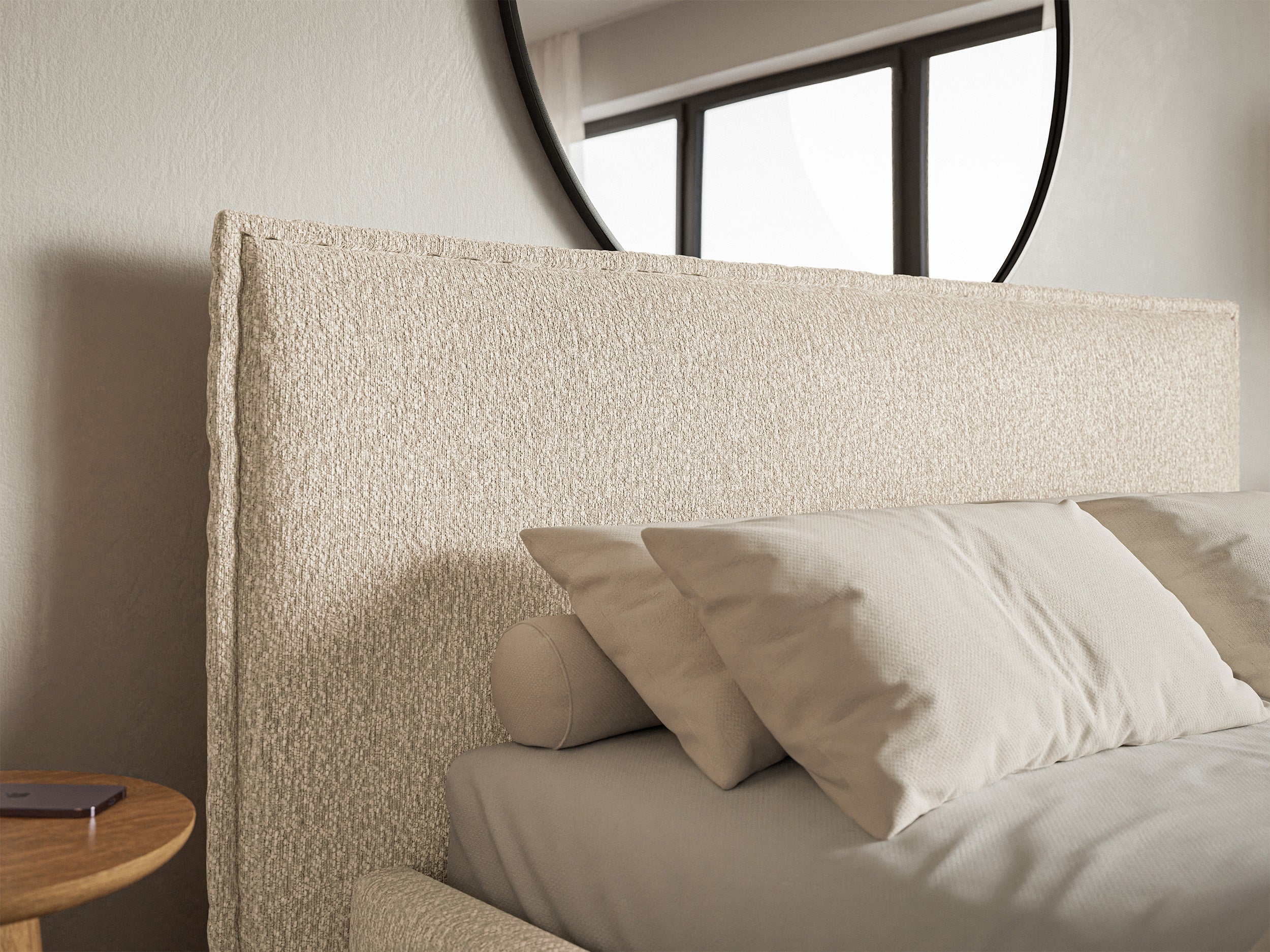 Polsterbett 180x200 cm Softie mit Stauraum, hellbeiger Chenille-Stoff, Metallrahmen