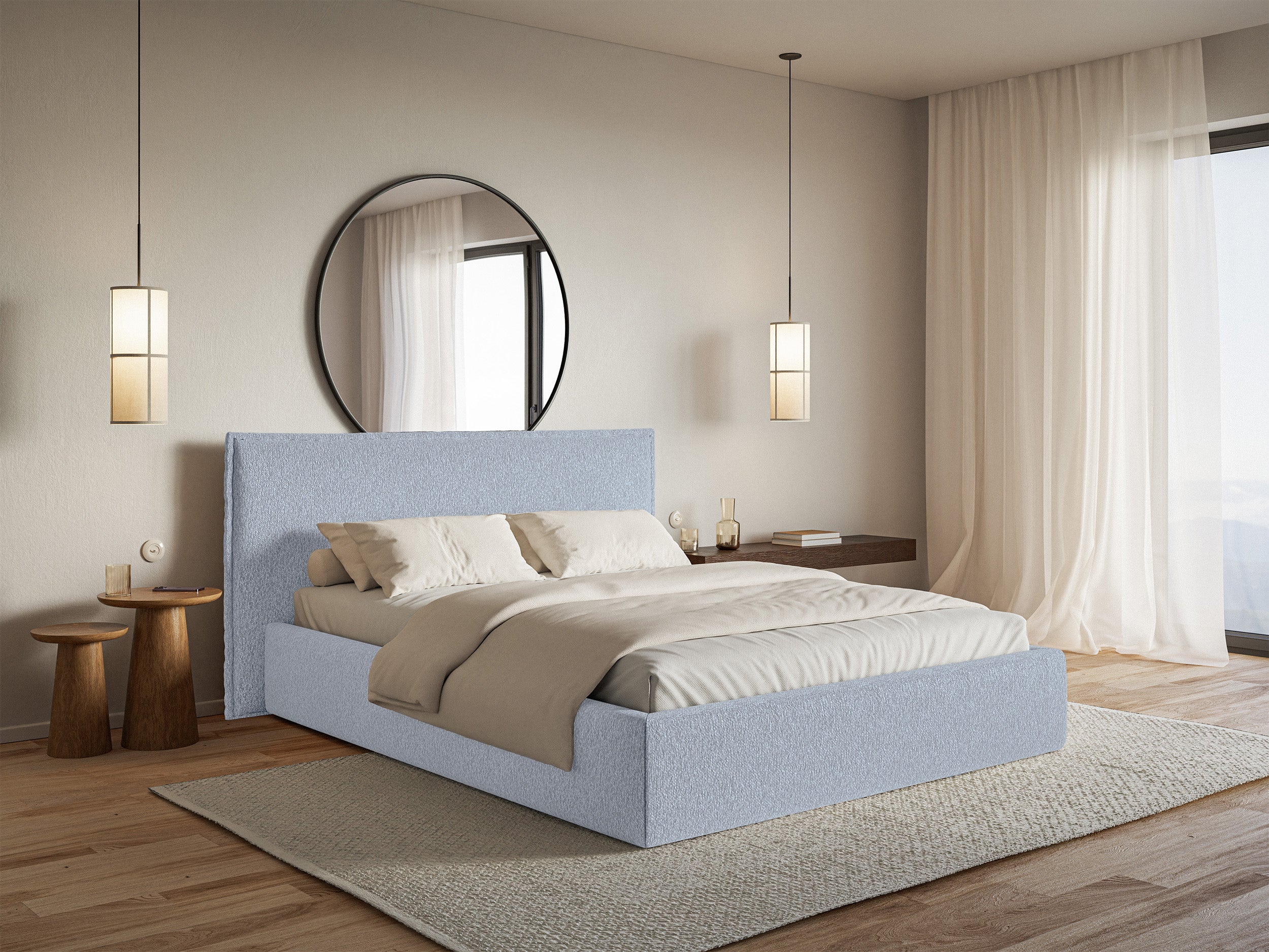 Polsterbett 160x200 cm Softie mit Stauraum, hellblauer Chenille-Bezug, Metallrahmen