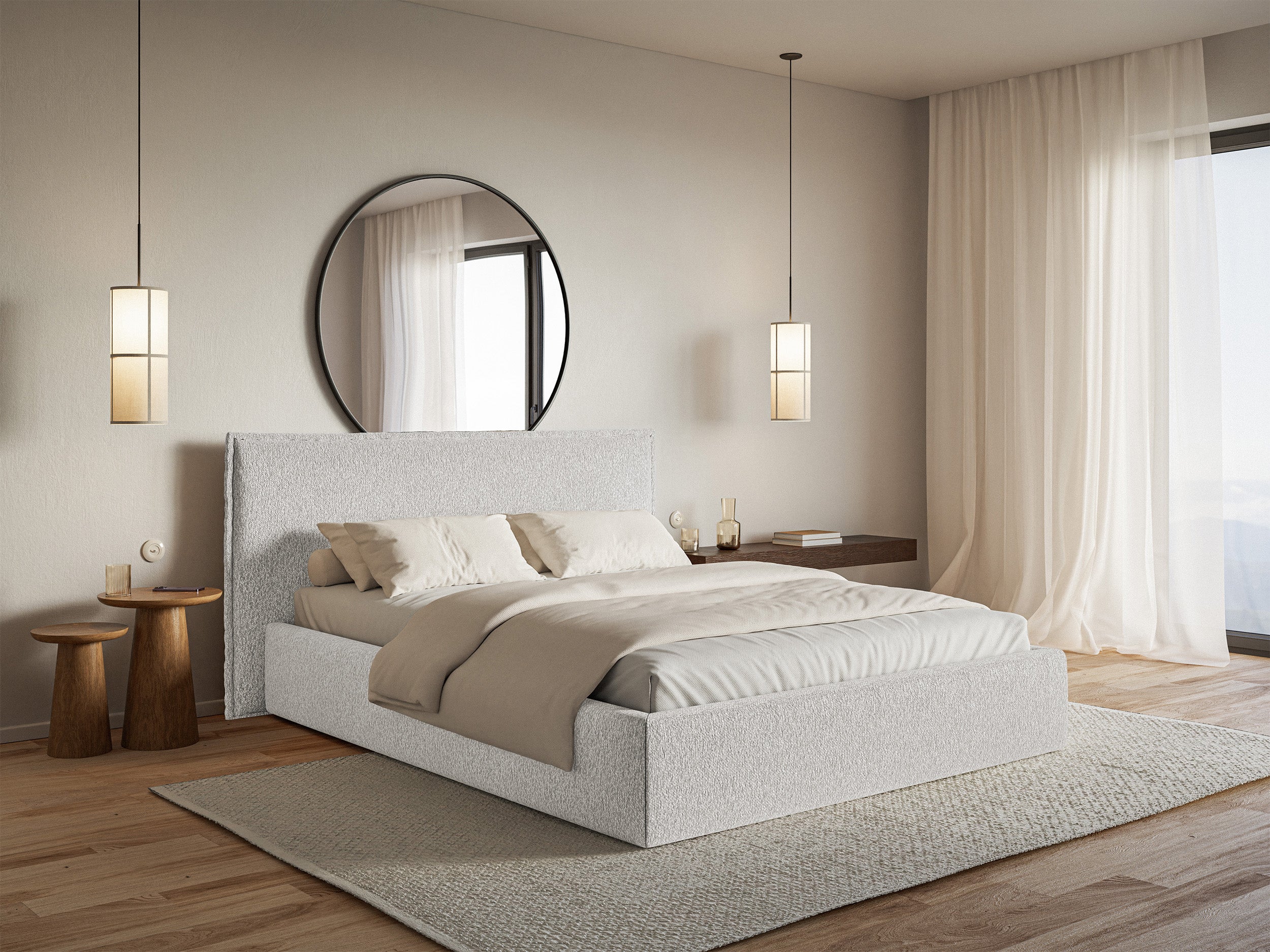 Gepolstertes Bett 140x200 cm Softie mit Stauraum, hellgrauer Chenillebezug, Metallrahmen