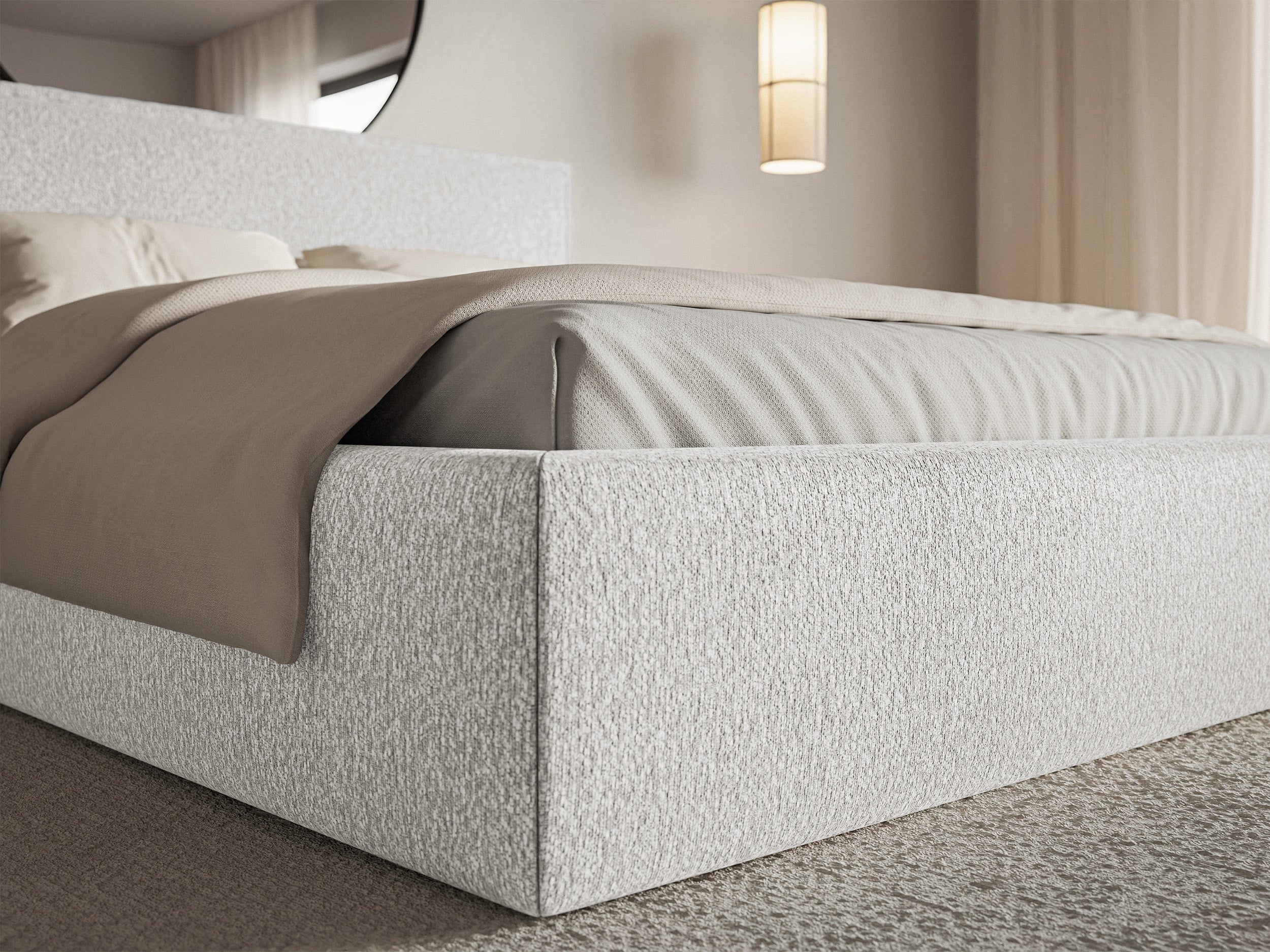 Gepolstertes Bett 140x200 cm Softie mit Stauraum, hellgrauer Chenillebezug, Metallrahmen