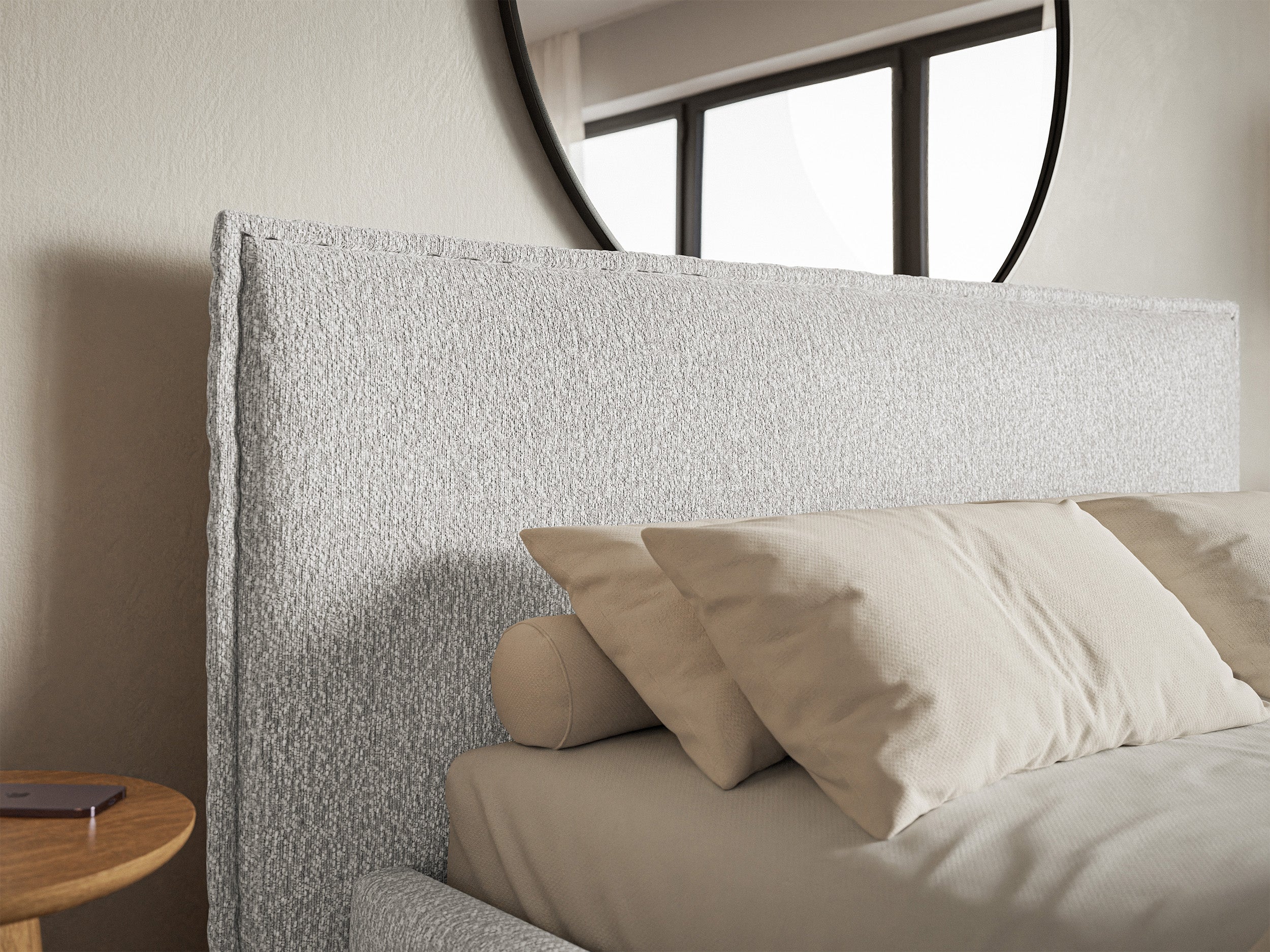 Gepolstertes Bett 140x200 cm Softie mit Stauraum, hellgrauer Chenillebezug, Metallrahmen