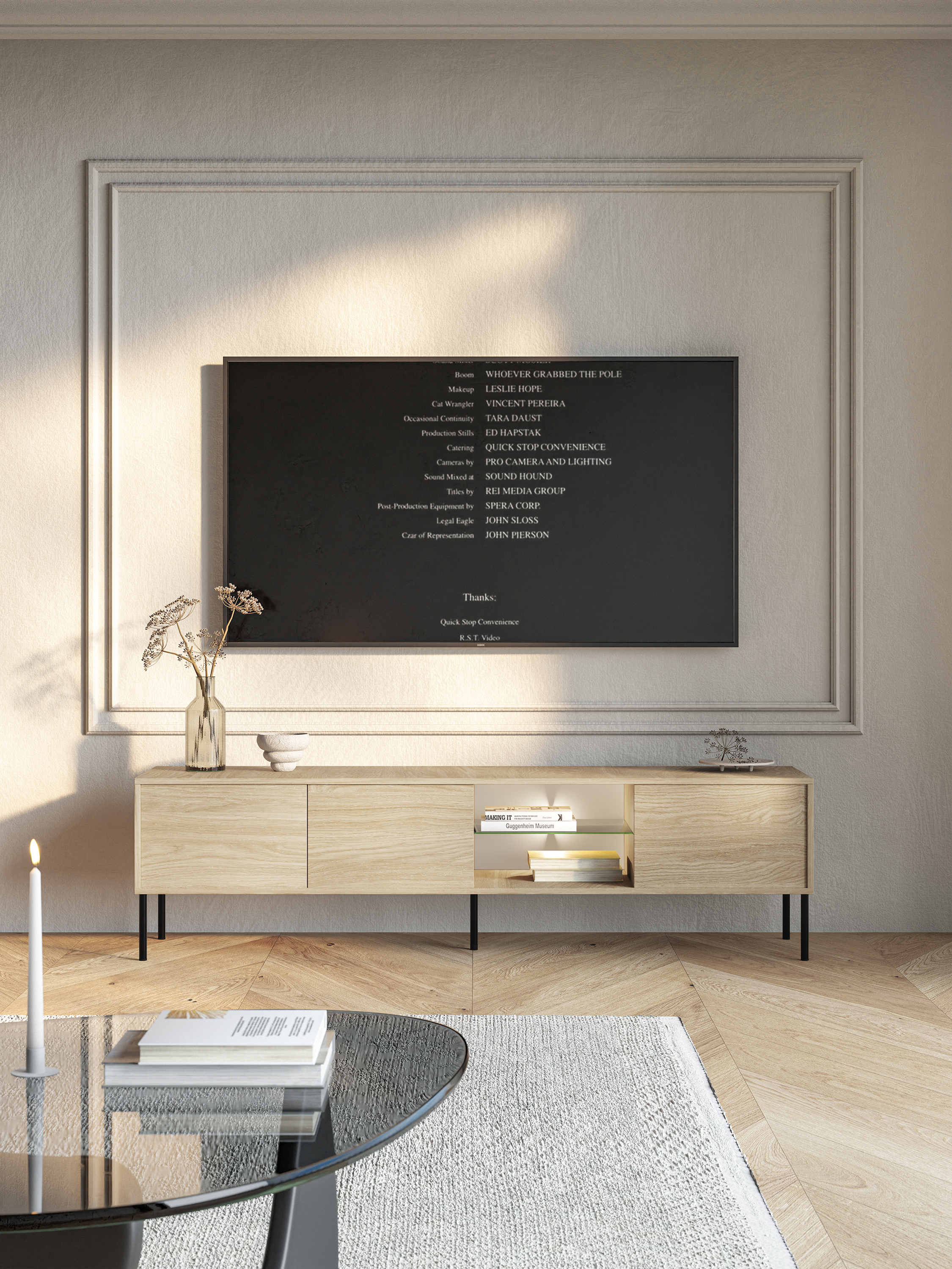 Drehtüriger TV-Schrank Modity mit Glasablage und Beleuchtung, 175 cm, Eiche auf schwarzen Beinen