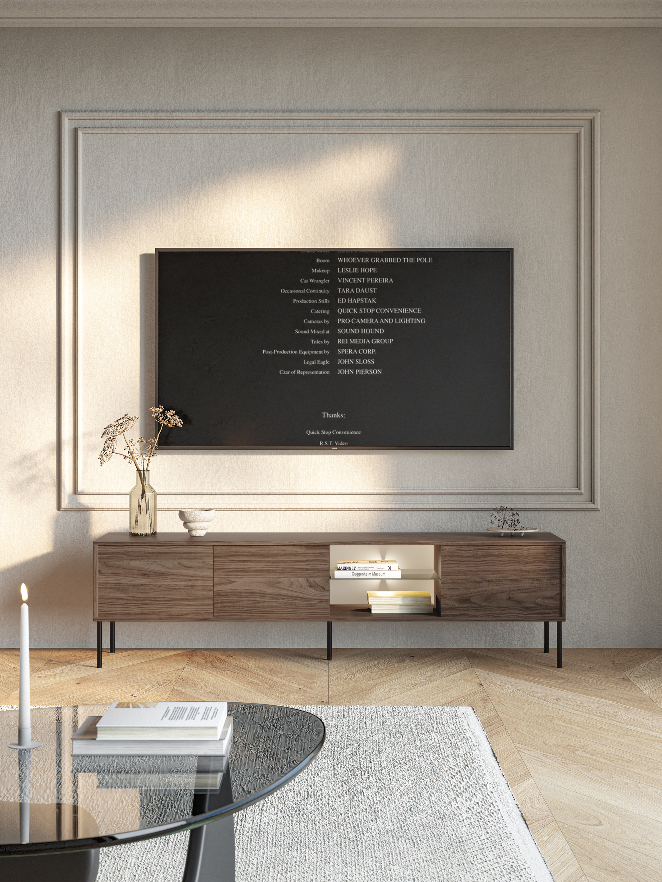 Drehtüriger TV-Schrank Modity mit Glasablage und Beleuchtung, 175 cm, Nussbaum auf schwarzen Füßen