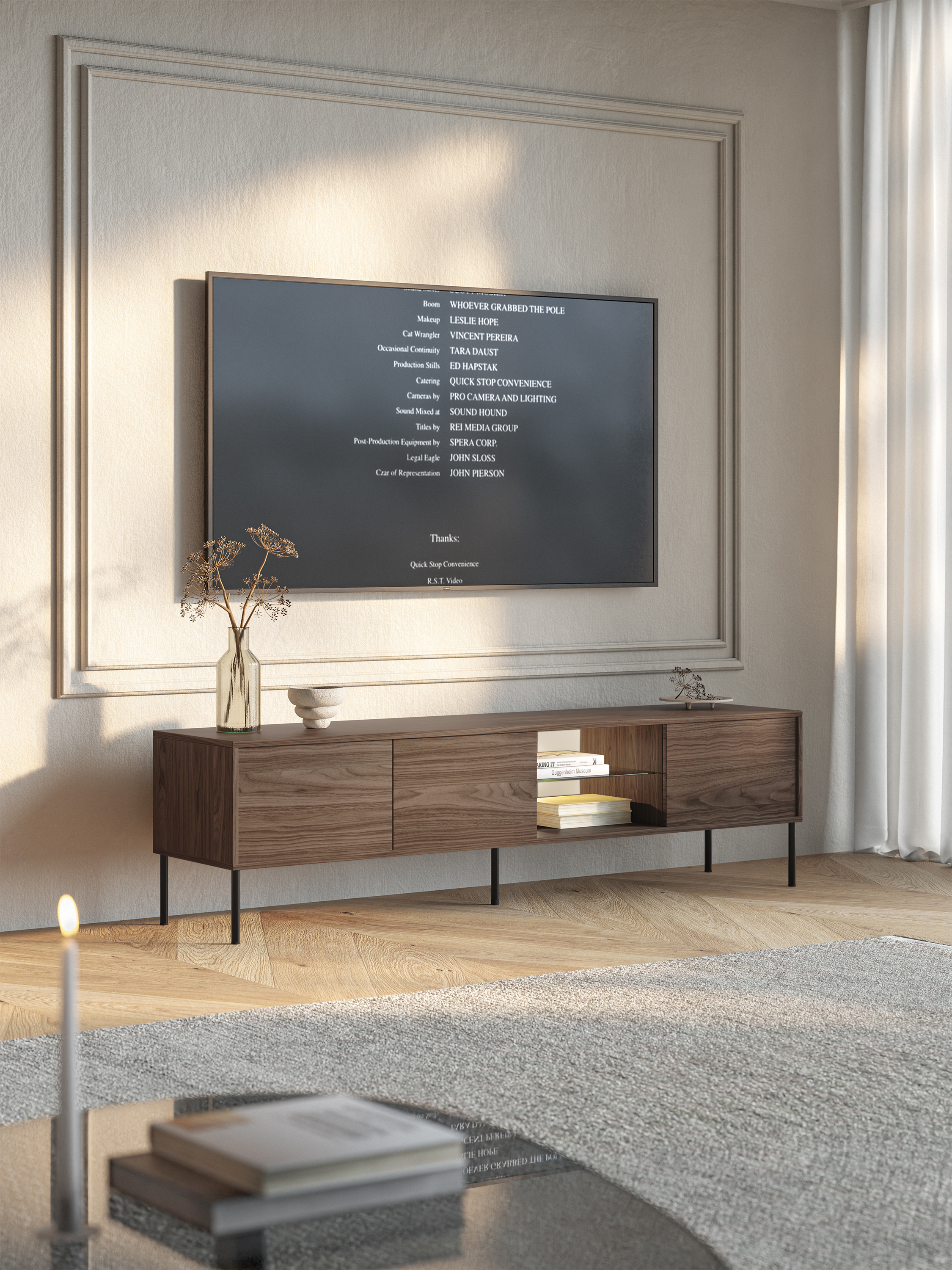 Drehtüriger TV-Schrank Modity mit Glasablage und Beleuchtung, 175 cm, Nussbaum auf schwarzen Füßen